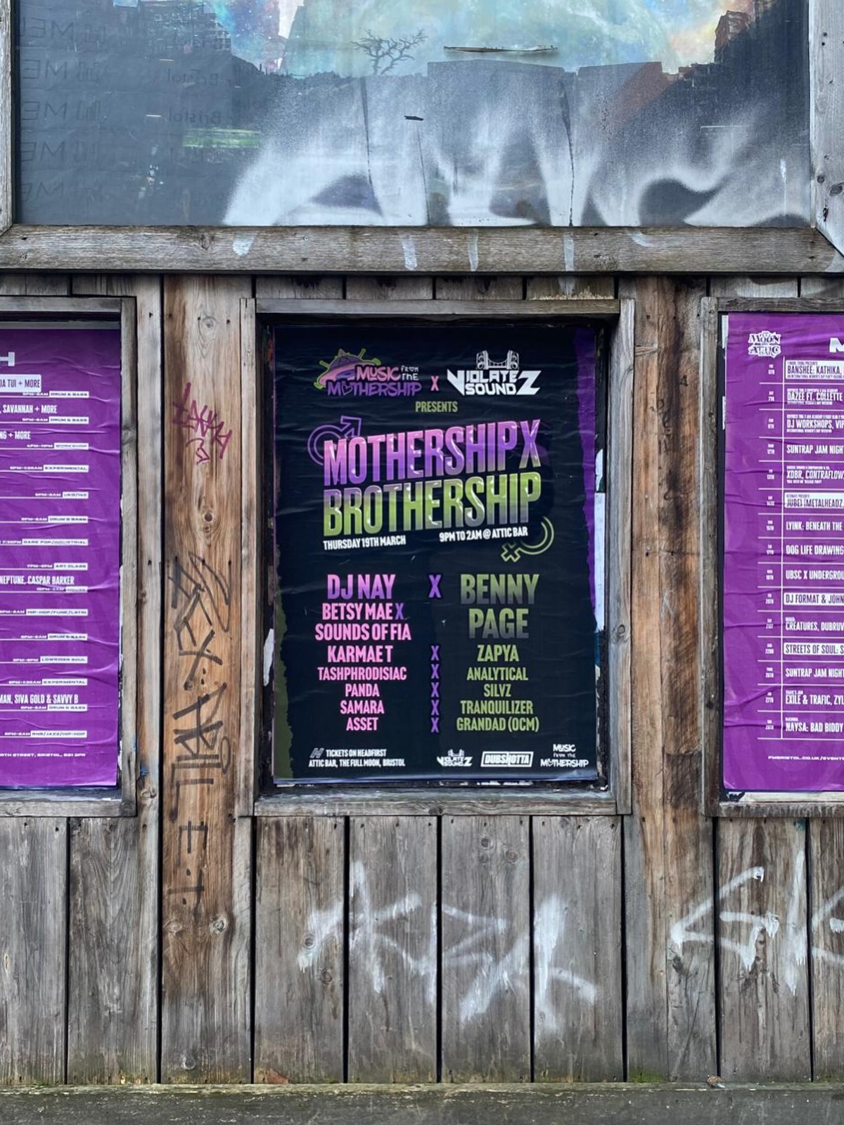 Flyer design for Mothership & Brothership spotted outside The Attic Bar, Bristol 🔈🔈
