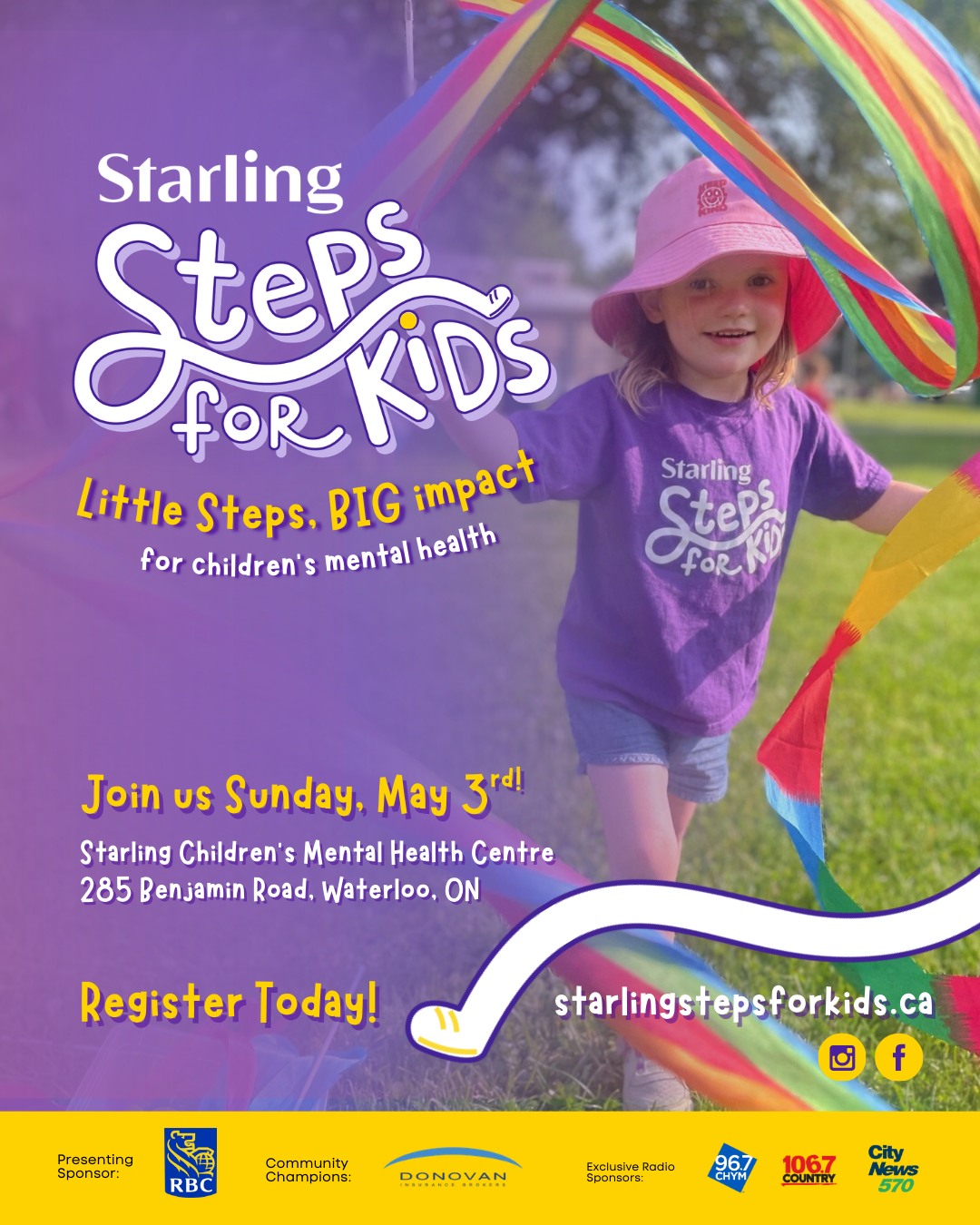 Starling’s (formerly Lutherwood) Steps for Kids 2026 registration is officially OPEN! 👟💛
On Sunday, May 3rd, lace up your shoes and walk to support kids’ mental health in Waterloo Region!
📍 Join us in person at our Children’s Mental Health Centre at 285 Benjamin Rd. Waterloo, ON.
Your participation in Steps for Kids ensures that children and youth have immediate access to the crucial mental health services they need, paving the way for brighter and healthier futures.
Join us, have fun, and help build a community where every young person can thrive!
👉 Sign up today at www.starlingstepsforkids.ca and help us spread the word!
#StepsForKids2026 #LittleStepsBigImpact #ChildrensMentalHealth #KidsMentalHealth #MentalHealthAwareness