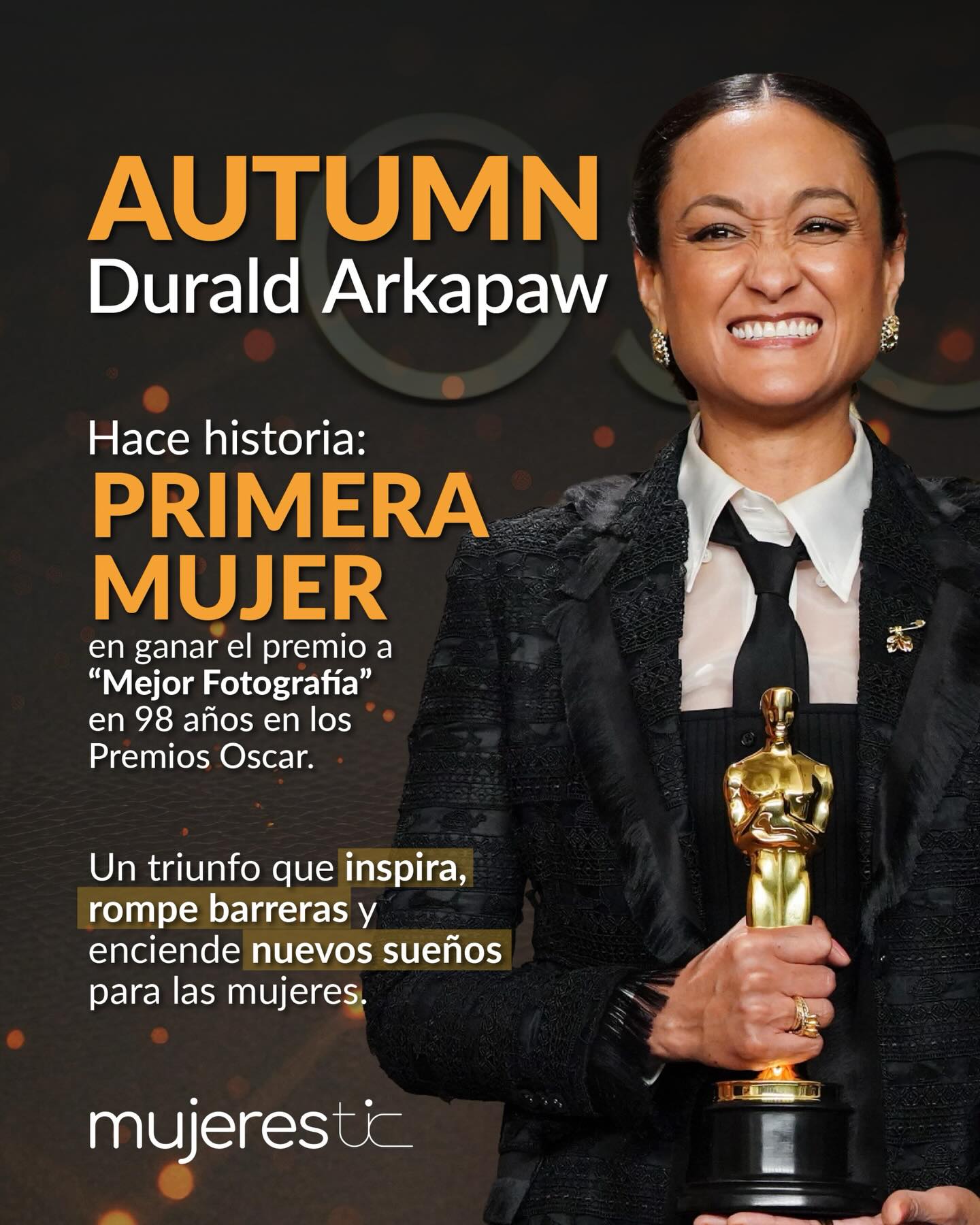 Hoy celebramos un logro que hace historia. ✨
Autumn Durald Arkapaw es la primera mujer en ganar el premio a Mejor Fotografía en 98 años de los Premios Oscar.
Un reconocimiento que inspira, rompe barreras y demuestra que el talento de las mujeres sigue iluminando nuevos caminos.
En Mujeres TIC celebramos a las mujeres que transforman las industrias con su mirada, creatividad y liderazgo. 💜
#MujeresTIC #MujeresQueInspiran #WomenInFilm #MujeresQueTransforman