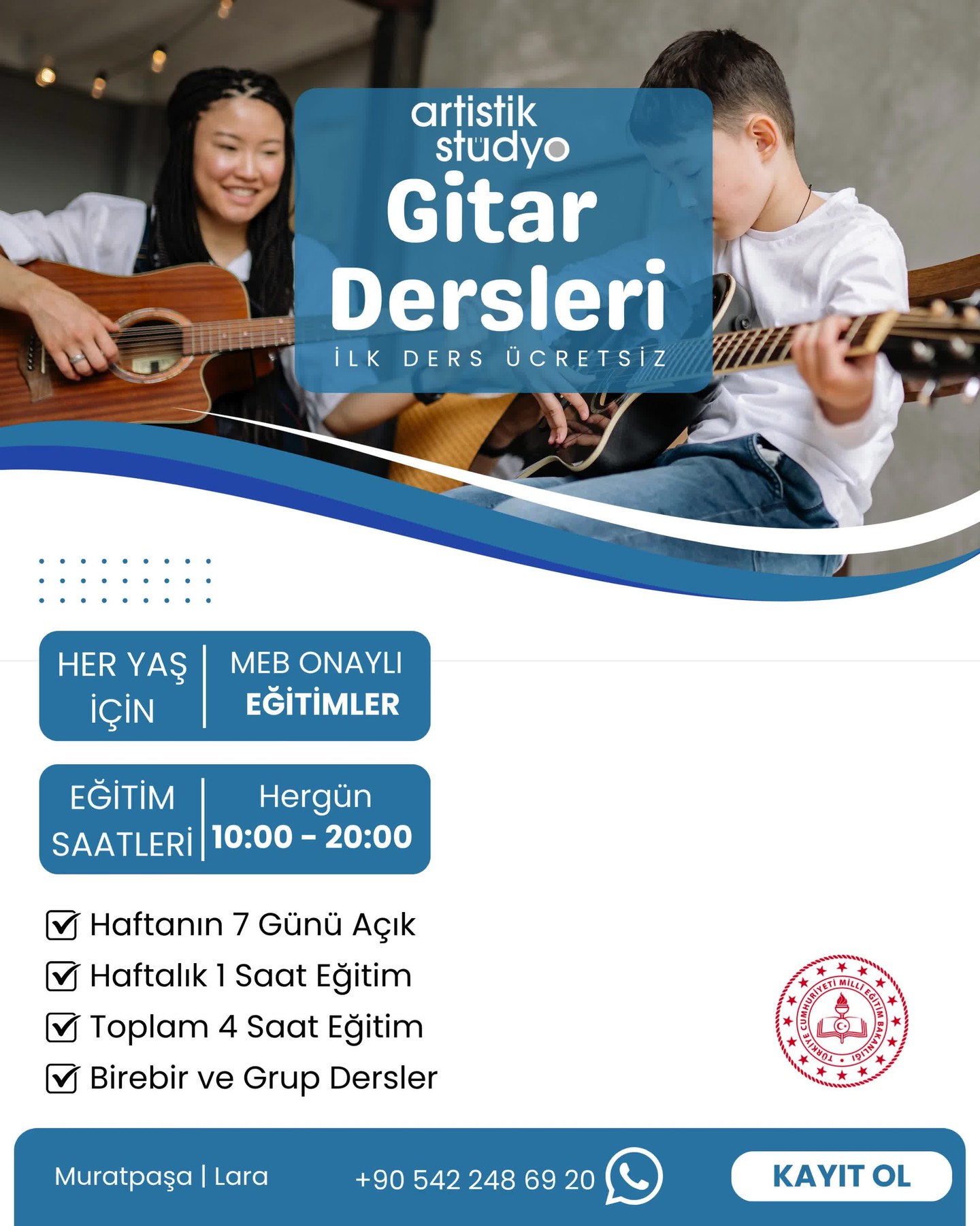 İçindeki Sanatçıyı Keşfetme Vakti! 🎸🥁
Müzik ruhun gıdasıdır derler, biz o gıdayı profesyonel bir eğitimle harmanlıyoruz! Gitardan bateriye, piyanodan vokale kadar 10 farklı branşta eğitimlerimiz başladı. Üstelik kararsız kalma diye İLK DERS BİZDEN! 🎁
✅ Haftanın 7 günü açığız.
✅ Sana en uygun saatleri (10:00 - 20:00) birlikte seçiyoruz.
✅ Birebir veya grup dersleriyle sosyal bir ortamda öğreniyoruz.
📍 Muratpaşa / Lara
📞 Detaylı Bilgi ve Kayıt: 0542 248 69 20
#ArtistikStüdyo #MüzikKursu #AntalyaSanat #MüzikEğitimi #GitarDersi #PiyanoDersi #BateriKursu #KemanEğitimi #VokalKoçu #DiksiyonDersi #AntalyaMüzikKursu #LaraMüzikKursu #MuratpaşaEtkinlik #AntalyaLara #AntalyaHobi #AntalyaKurslar