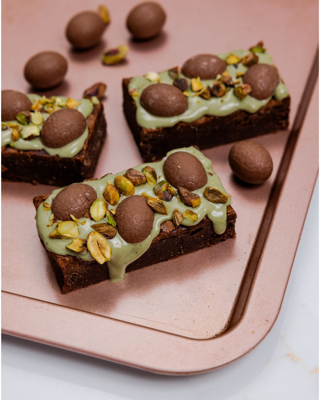 Happy Easter. It’s chocolate month!
Our pistachio and chocolate Easter brownies are now available at select stores.