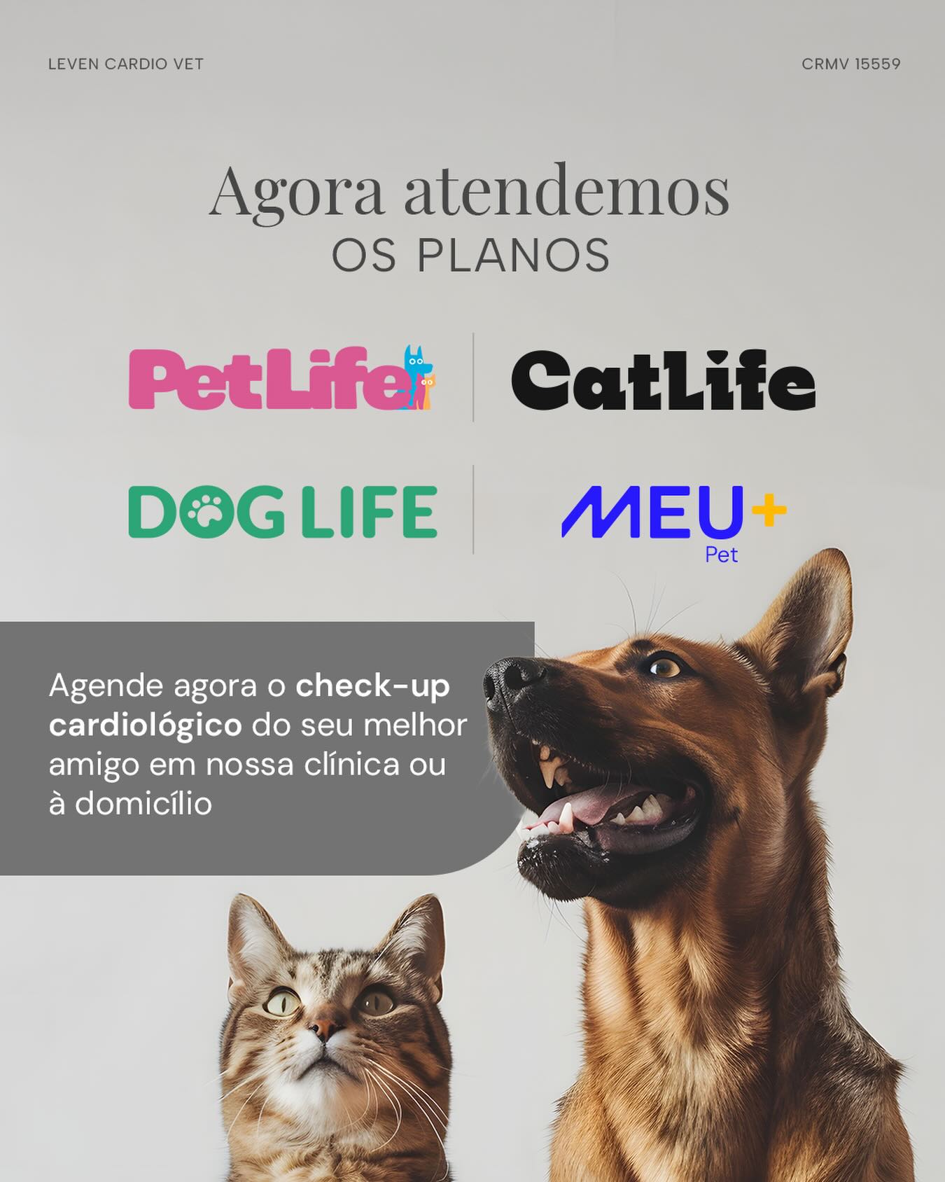 Cuidar do coração do seu pet agora ficou ainda mais fácil. ❤️🐾
Agora estamos aceitando novos planos de saúde pet para consultas e exames cardiológicos.
Agora pacientes dos planos PetLife, CatLife, DogLife e Meu+ Pet também podem contar com um atendimento cardiológico especializado, com toda a segurança e tecnologia que seu pet merece.
Aqui realizamos avaliação cardiológica completa com exames como:
• Ecocardiograma
• Eletrocardiograma
• Aferição de pressão arterial
• Acompanhamento e consulta cardiológica especializada
Tudo com foco em diagnóstico preciso, prevenção e qualidade de vida para o seu melhor amigo.
📍 Atendimento em clínica ou domiciliar
📲 Entre em contato para verificar a cobertura do seu plano e agendar o check-up cardiológico do seu pet.
Porque quando o coração do seu pet vai bem, tudo vai bem. ❤️🐶🐱