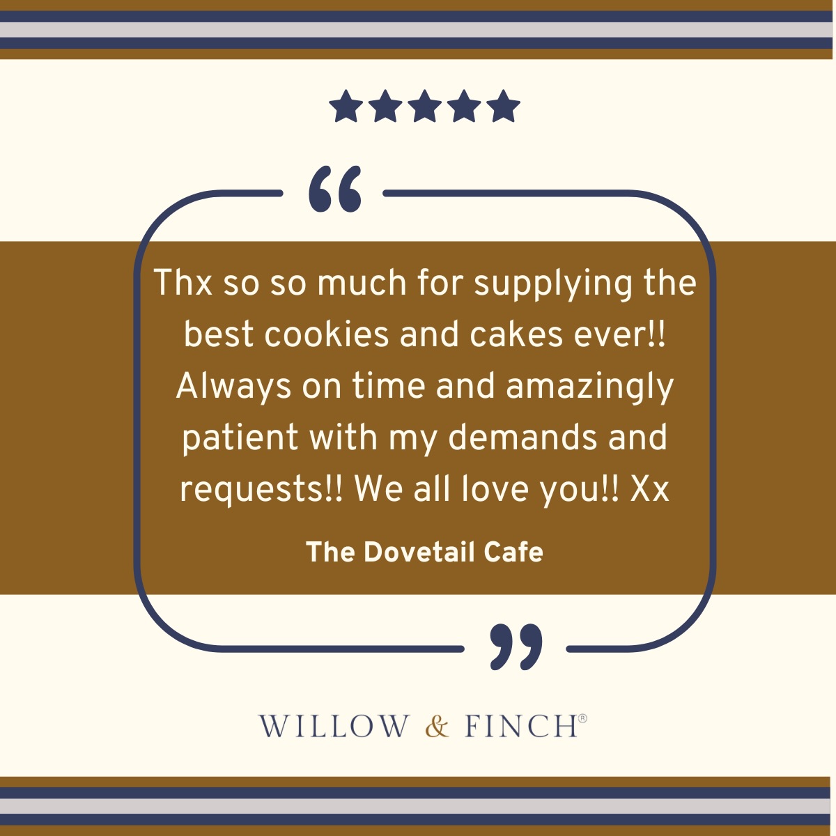 It’s always so good to hear lovely feedback like this!
We do our best to keep everything running smoothly, however many requests come our way! Thanks so much for the kind words @thedovetailcafe - and for keeping us busy with plenty of cookies and cake orders.
If you’re a coffee shop, deli or farm shop looking for delicious, small batch, palm oil free bakes to stock or serve, we’d love to hear from you. Visit www.willow-finch.co.uk/trade to find out more about registering as a stockist.