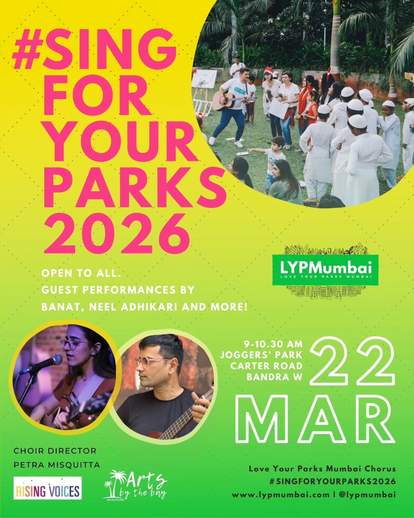 🌱Come one, come all...
Everyone is welcome, everyone is needed. .
We believe now more than ever is the time to come together, be together, sing together, fight together.
Mark your calendars for #SingForYourParks2026
Join us for the open rehearsal and gig, or just straight at the park...
sing with us outdoors on 22nd March, open to all...it's LYPMumbai chorus and friends time!
Special guest performances by Banat and Neel Adhikari, and lots of surprises!
We promise choir director Petra Misquitta is going to make it really fun!
Glimpses from last weekend's #SingForYourParks, we had lots of fun and masti with @capoeiraacademyindia @happiness.unpacked @readwithshagun @oddyelloworkshops
@slack_mumbai @pranjaljohri @slackistan_ @mister_mover @vaibhav_the_yogaboy @the_infiniteplayground @petramisquitta @shai.fy
#singforyourparks #loveyourparksmumbai #loveyourparksdays creativeplacemaking bettertogether citiesforplay music