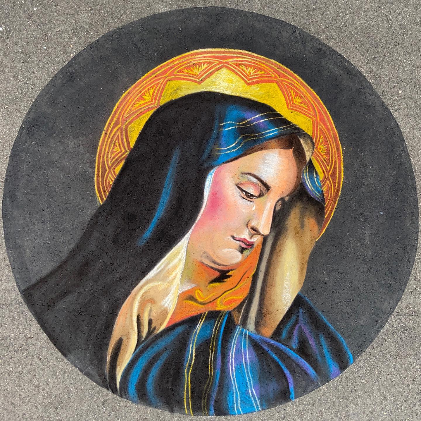 Recent work for the Mission San Luis Rey in North County San Diego, who is celebrating their 225th anniversary this year! Surprisingly this is the first Christian iconography piece I’ve done before. This is Mother Dolores, a sorrowful version of Mary. I’m hoping to finally post more of my recent work again- I’ve been so busy doing projects that I now have years’ worth of work backlogged waiting to be edited and put on my website, etc. Hoping to update this page more frequently!
#cachalk #californiachalk #virginmary #madonnara #madonarri #screever #screeving #chalkart #sandiegochalk #sandiegochalkartist #streetpainting #sandiegochalk #sandiegochalkboardartist #motherdolores #oceansideart #osideart #osideartists