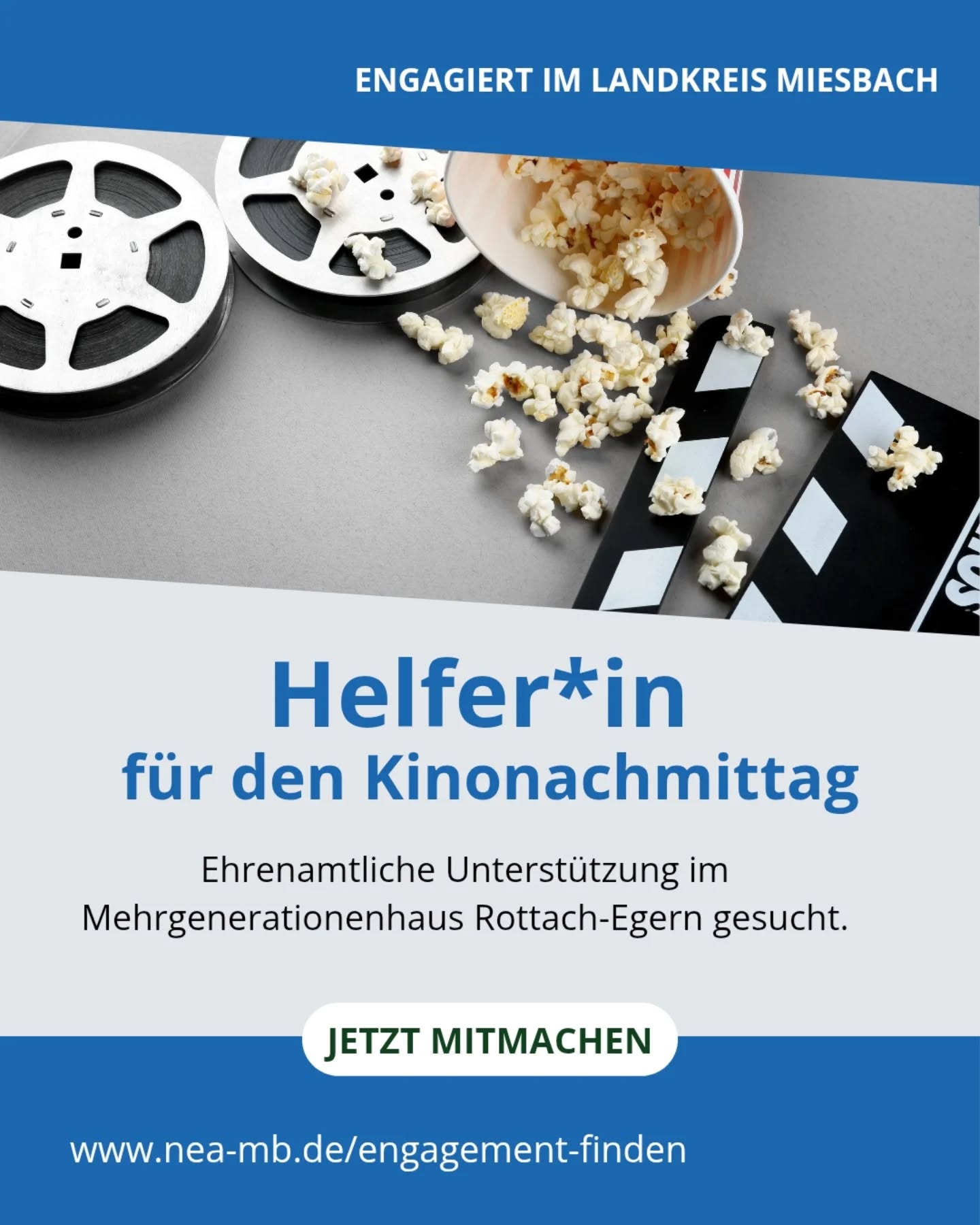 Du interessierst dich für Filme und Kino?
Das Mehrgenerationenhaus Rottach-Egern sucht Ehrenamtliche für sein monatliches Kinoangebot. Einmal im Monat findet ein Kinonachmittag oder Kinoabend statt.
Gesucht werden Personen, die bei der Durchführung unterstützen und Freude am Thema Film mitbringen.
Der Einsatz ist flexibel planbar. Tag und Uhrzeit werden individuell abgestimmt.
Kontakt:
Mehrgenerationenhaus Begegnungszentrum Tegernseer Tal
Leo-Slezak-Straße 8
83700 Rottach-Egern
Ansprechperson: Frau Birgit Schießl
Telefon: 08022 24949
E-Mail: mgh.rottach@caritasmuenchen.org
Web: https://www.caritas-mehrgenerationenhaus-rottach-egern.de/de
Du suchst ein anderes Ehrenamt?
Auf www.freilich-bayern.de (@freilich_bayern) findest du viele weitere Möglichkeiten, dich mit deinen Interessen und Fähigkeiten einzubringen.
Oder komm zu uns und lass dich beraten. Eine Übersicht unserer Standorte und Beratungszeiten findest du unter www.nea-mb.de.
#ehrenamt
#mehrgenerationenhaus
#NEAvernetzt