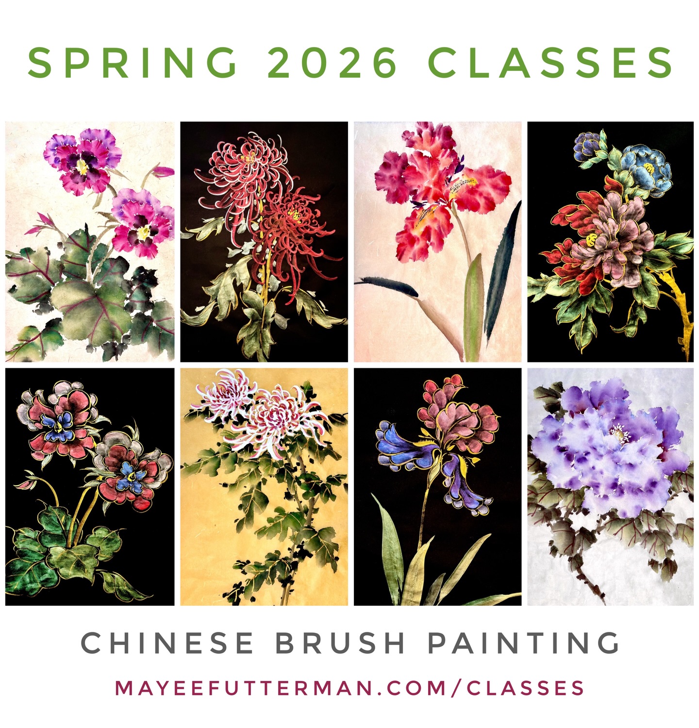 How do I paint flowers? Let me count the ways! Spring forward with fresh, fun, and exciting new approaches to Chinese Flower Painting. Spring enrollment is now open!
SPRING A: “COLOR-ON-COLOR”
4/17-5/9
Mayee shares the expressive possibilities of Chinese brush painting on Dragon Cloud paper (Yun Long). Known for its long fibers—like dragons swirling through clouds—this distinctive paper lets colors flow, merge, bloom, and feather in ways ordinary paper cannot. Working with four classic floral subjects—Peony, Iris, Pansy, and Chrysanthemum—students will learn to create subtle tones and gradients, rich depth, soft feathering, and unexpected textures. For this special series, OAS has produced a custom roll of Dragon Cloud paper available for a limited time only.
SPRING B: “JEWEL BLOOMS”
5/16-6/12
Mayee presents Jewel Blooms, a luminous exploration of Chinese brush painting with iridescent metallic colors on black Xuan paper. Inspired by the dramatic elegance of traditional East Asian gold-on-black lacquer painting, this series reveals radiant floral forms emerging from a dark, velvety ground. Through stylized compositions of Peony, Iris, Pansy, and Chrysanthemum, students will learn how expressive brushwork and layered shimmering pigments create jewel-like highlights, rich shadows, and an inner glow. Illuminated by tradition, this fresh approach reveals a new range of brilliant effects.
ABOUT MAYEE
Mayee is an award-winning artist and master teacher whose works are collected and commissioned internationally. She has co-authored six instructional art books, been showcased in several solo and group exhibitions, and featured on CNN and NTD TV. Mayee’s step-by-step teaching approach helps students of all ages and skill levels achieve success.
mayeefutterman.com/classes
#chinesbrushpainting
#artclass
#flowers
@huntingtonbeachartcenter