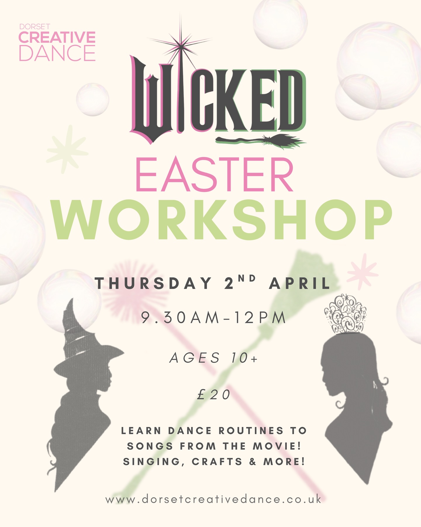 💚✨ Something WICKED is coming this Easter… ✨💚
Join us for a Wicked themed dance workshop for ages 10+ and join us in the magical world of Oz! 🧙♀️🌪️
🌟 Learn exciting dance routines inspired by the movie
🎶 Dance and sing along to iconic Wicked songs
🎨 Take part in fun themed crafts
👯 Meet new friends and build your confidence
💫 Enjoy a day full of creativity, music and magic
Whether you’re ready to defy gravity or just love to dance, this workshop is perfect for young performers who want to have fun and shine! 💚
🎟 Don’t miss out on this wickedly fun Easter event! Book through our website:
www.dorsetcreativedance.co.uk
Email us for more info: info@dorsetcreativedance.co.uk