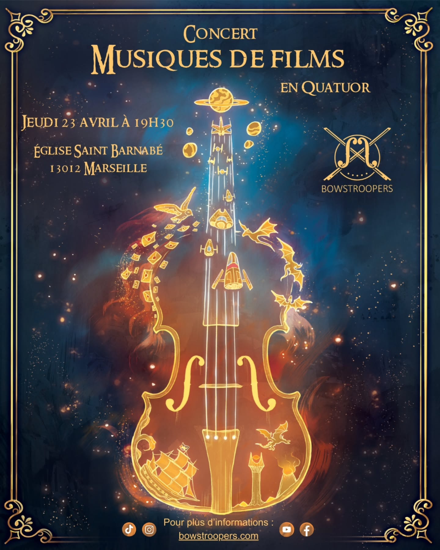 ✨️ Notre prochain concert à Marseille 😍 à l'église St Barnabé ⛪️ Une superbe acoustique en prévision 🎻
🗓 Jeudi 23 avril 2026 à 19h30
📍 Église St Barnabé – Marseille (13)
🎬 Musiques de films cultes : Gladiator, Harry Potter, Star Wars, Pirates des Caraïbes, Le Seigneur des Anneaux... et plein de surprises 🎶
🎻 Trois violons et un alto
⏰️ Durée : 1h
🎫 Billetterie : lien dans notre bio
💰 Tarif adulte : 15€, gratuit pour les - de 12 ans 👪
-----------
Concert | Musiques de films | Violon | Reprises | Hans Zimmer | John Williams | Quatuor | Marseille |
#concert #violon #concertamarseille #marseillemaville #marseilletourisme
@villemarseille marseillemairie1112 @marseillais.es @marseille.lovers @tarpinbien
