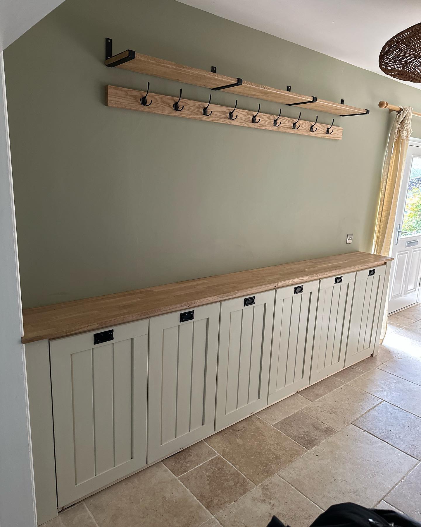 Shoe cupboard recently fitted with an oak top, oak shelf and coat hooks!