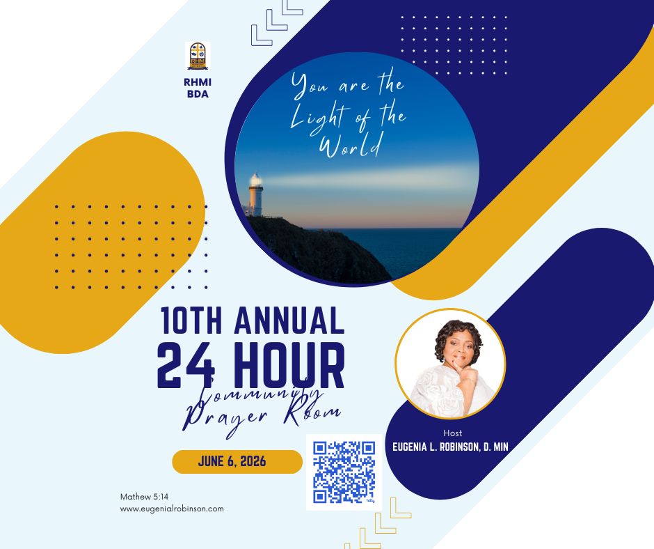 You are the Light of the World ✨
10th Annual 24-Hour Community Prayer Room
June 6, 2026. Theme - "Shifted"
Join us in this sacred space to pray, intercede, and activate breakthrough for our community and the nations.
Matthew 5:14: "You are the light of the world."
Whether for 10 minutes, 15 minutes, an 1 hour, or stay logged on for all 24 hours, your prayers matter. Scan the QR code or visit www.eugenialrobinson.com to register.
Let your light shine! 🙏
