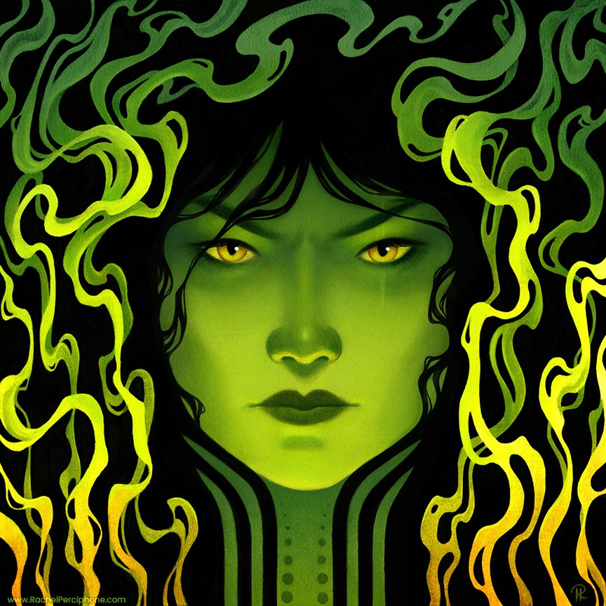🍀 Happy St Paddy’s Day! 🍀 Today seems like the perfect day to share this vibrant green piece and my first painting of 2026!
Every so often, I find myself wanting to paint a femme with a piercing stare, glowing yellow-green eyes, and toxic-looking vapors.
Like Tom Waits sings, “I like my town with a little drop of poison!”
💚 Prints are available on my website! 💚
“Poison”
Acrylic on watercolor paper mounted on wood panel
12”x12”