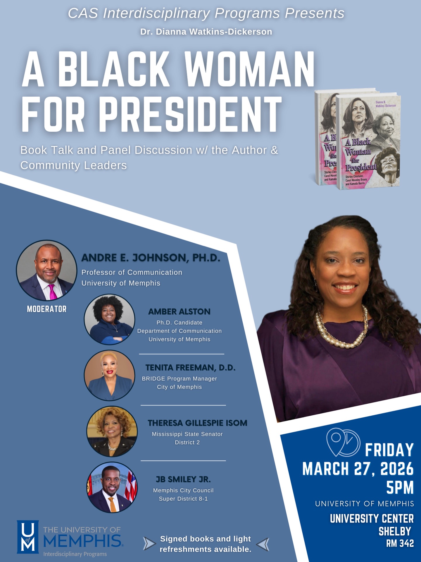 You’re invited to the OFFICIAL public book launch!
Mark your calendars from 5pm-7pm on Friday, March 27th as we celebrate A Black Woman for President at the University of Memphis. What a way to end Women’s History Month!!!
It is with excitement and anticipation I share that the College of Arts & Science’s Department of Interdisciplinary Studies will be hosting this event. Bring your questions, books for signing, and good cheer.
I would be honored for you to join me. See you soon! 💜
#ablackwomanforpresident #memphis #universityofmemphis #901memphis #womenshistorymonth2026
*Light refreshments will be available along with a few books for purchase.