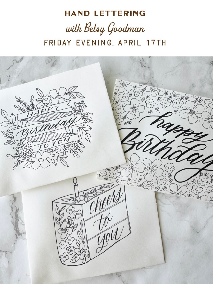 Lettering Workshop with Betsy Goodman @bgoods.lettering /// Hands-on Workshop
Join lettering artist Betsy Goodman for a fun and creative Spring Lettering Workshop! In this class you’ll learn the art of Faux Calligraphy. Betsy will guide you through the basic strokes, the full lowercase alphabet, how to connect your letters, and easy composition tips. You’ll also learn a few simple floral illustrations. Once you’ve learned the basics, you’ll bring it all together to create gorgeous hand-lettered birthday cards.
Included Extras:
Lettering workbook with tracing paper
Tombow Twintone Black Marker
Pencil
Card Set with Envelopes
Wax Seal Sticker Set
DATE: Friday evening, April 17th
TIME: 6:00 - 8:00pm
COST: $45
WHO’S INVITED: Anyone ages 10+ (If you want to accompany a child younger than 10, let us know! If you’re there to supervise, that works for us!)
TEACHER: Betsy Goodman @bgoods.lettering is a wax seal and lettering artist. She became obsessed with wax seals and lettering years ago and now shares her passion through her subscriptions: The Script & Seal Society, The Wax Seal Club, and The Lettering Box. If you love lettering and wax seals, you’ll definitely want to check it all out on her website: www.bgoodslettering.com. While you’re there, take a peek at her beautiful work & incredible offerings! 😍
HOW TO REGISTER: Head to our website, www.AlpineWorkshop.co under “events” OR “workshops & classes” then scroll down to register for this class & any others that look fun!