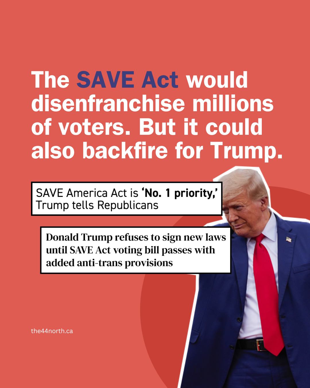 What is the #SAVEAct and why is Trump pushing so hard for it?
The SAVE Act (Safeguard American Voter Eligibility Act) would require proof of U.S. citizenship (ex: a passport or birth certificate) when registering to vote in federal elections. Supporters say it protects elections from non-citizens voting. Critics warn it could make it harder for millions of eligible voters to register, especially people who don’t have easy access to those documents.
So, why is Trump backing it so strongly? He claims that stricter verification is needed to restore “election integrity,” but it is part of a broader push for tighter voting rules that could reshape who participates in U.S. elections and their potential results?
The debate is about a lot more than just paperwork. This is about who gets a voice in democratic procedures.
👉 The 44 North is a digital bi-monthly publication that aims to inform, empower, and inspire young people. Do you want to write for us? Support lifting up young people's voices? Head to the 🔗 LINK IN THE BIO 🔗 👈