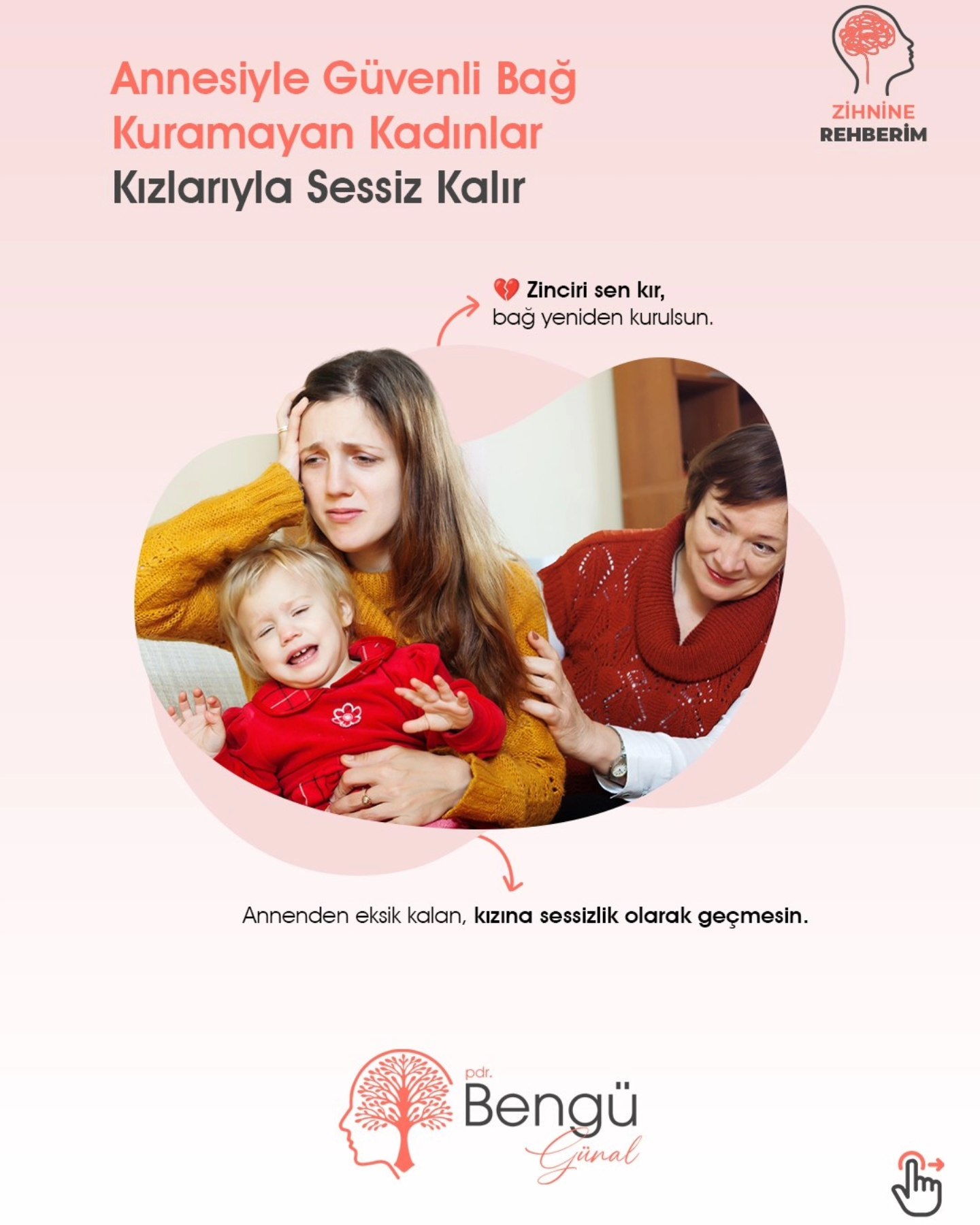 Annesiyle Güvenli Bağ Kuramayan Kadınlar, Kızlarıyla Sessiz Kalır
"Annenden eksik kalan, kızına sessizlik olarak geçmesin."
Annesiyle duygusal yakınlık kuramayan kadınlar, kendi kızlarıyla da bağ kurmakta zorlanabilir.
Çünkü sevgi aktarımı öğretilir, sezilmez.
Sana öğretilmeyen o sıcaklığı kızına verebilmen için önce kendi içindeki çocuğu duyman gerekir.
💔 Zinciri sen kır, bağ yeniden kurulsun.
📩 Bu süreçte profesyonel destek için yanındayım. DM’den ulaşabilirsin.
💬 “Bu beni anlatıyor” yaz
🔖 Paylaş – Kaydet – Takip et
#annekızilişkisi #duygusalbağ #aktarılantravmalar #pdrbengügünal #psikolojikdanışmanlık #ruhsalşifa #zihninesaglik #annelikfarkındalığı #mentalhealthturkiye #güvenlibağlanma #zihninerehberim