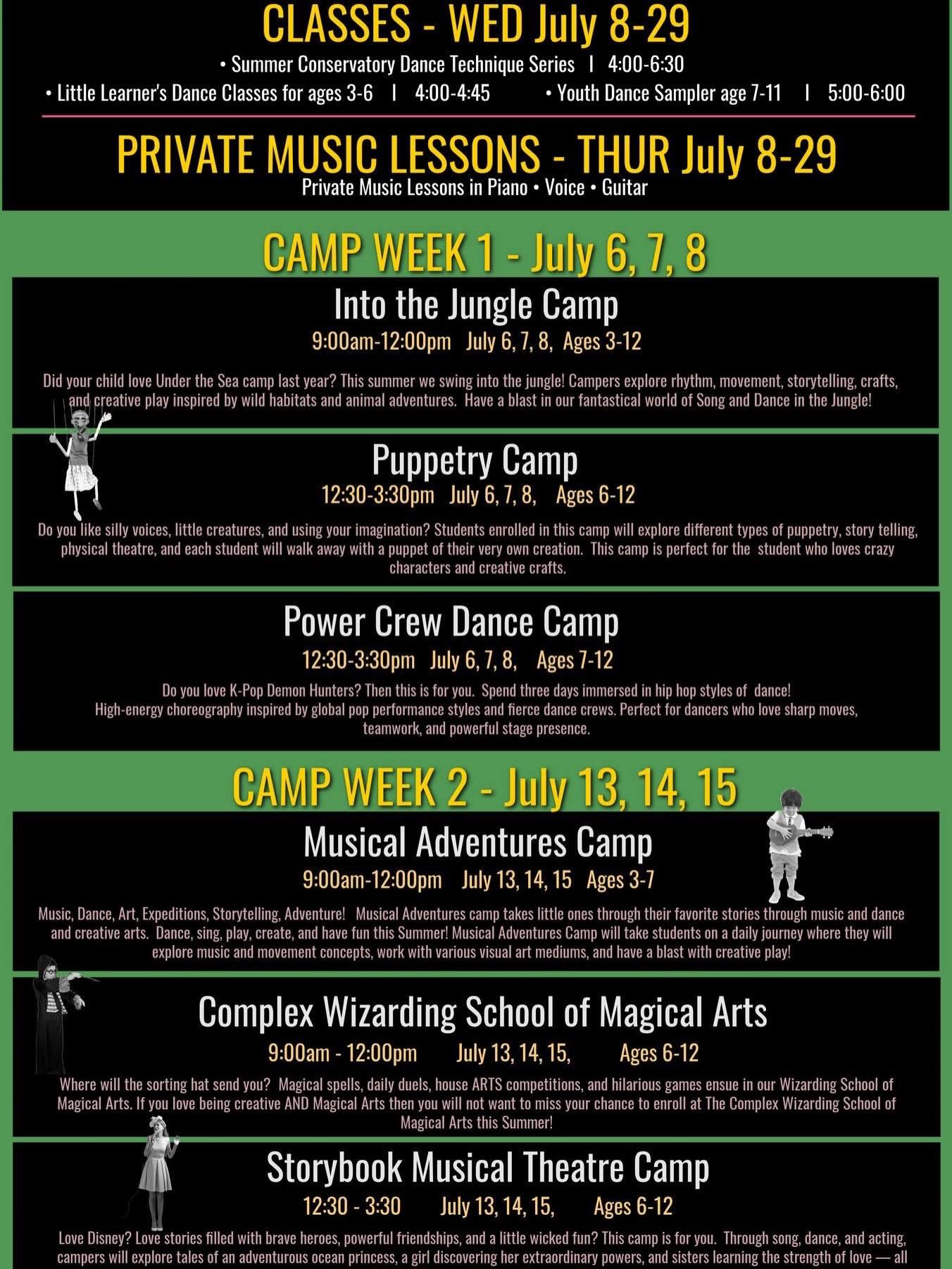 ☀️ Summer 2026 at The Complex is now open for registration! ☀️
Get ready for a summer full of creativity, movement, music, storytelling, and imagination. Our camps and classes are designed for kids who love to explore, perform, create, and have fun.
Whether your child is trying something new for the first time or already loves dance, theatre, and music, there’s something for everyone this summer at The Complex Performing & Creative Arts Centre.
✨ A sneak peek at what’s coming this summer:
🐒 Into the Jungle Camp
Explore rhythm, movement, crafts, and storytelling inspired by wild habitats and animal adventures.
🎭 Puppetry Camp
Create your own puppet and bring it to life through storytelling and imaginative play.
🔥 Power Crew Dance Camp
High-energy hip hop inspired choreography and dance crew style fun.
🎵 Musical Adventures Camp
Perfect for little performers — music, dance, art, and storytelling all in one creative camp.
🪄 Complex Wizarding School of Magical Arts
Spells, house competitions, magical games, and creative adventures await!
📚 Storybook Musical Theatre Camp
Sing, dance, and act your way through favorite stories and characters.
🧚 Creative Fairy Dance Camp
A whimsical dance camp for our youngest dancers filled with imagination and play.
🎤 Broadway Bound Camp
Three days of singing, dancing, and acting inspired by the magic of Broadway.
💃 Summer Dance Classes
Weekly classes for dancers ages 3–19.
🎹 Private Music Lessons
Piano • Voice • Guitar
🎉 August Intensive Festivals
For dancers and performers ready to dive deeper into dance and theatre training.
✨ Camps begin July 6
✨ Classes begin July 8
✨ Intensives begin August 10
Spots fill quickly each summer!
👉 Register now:
Link in bio
📍 The Complex Performing & Creative Arts Centre
135 Main Street, Putnam CT
