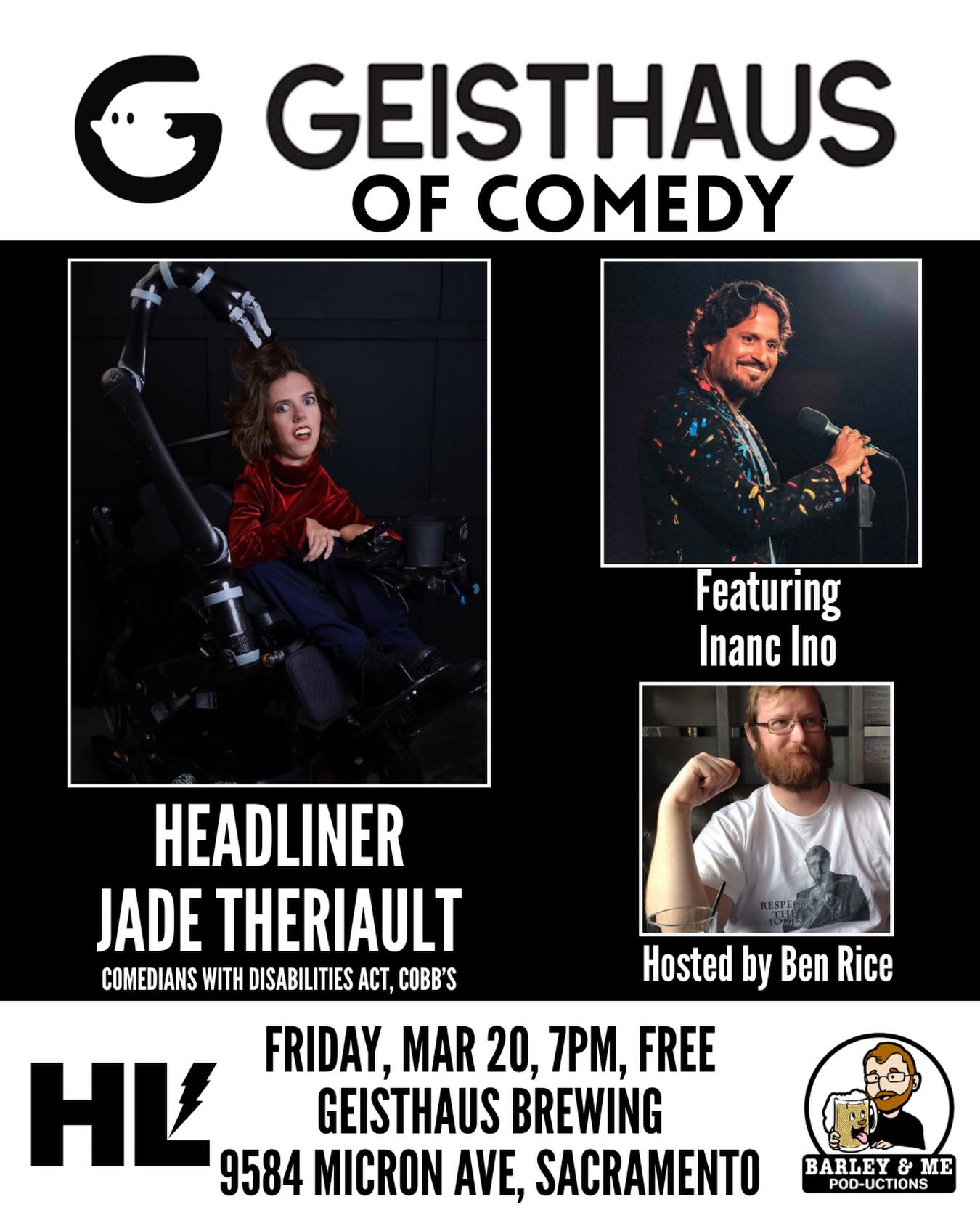 Comedy Night returns! We’ve got a hilarious lineup for you this Friday. A @hyperliveevents production with your host Ben Rice @barleyandmepod , featuring Inanc Ino @inanc_karacaylak , and headlined by Jade Theriault @jadedcomic . Show starts at 7pm and it’s FREE ADMISSION! So come and enjoy some laughs and lagers here at Geisthaus.