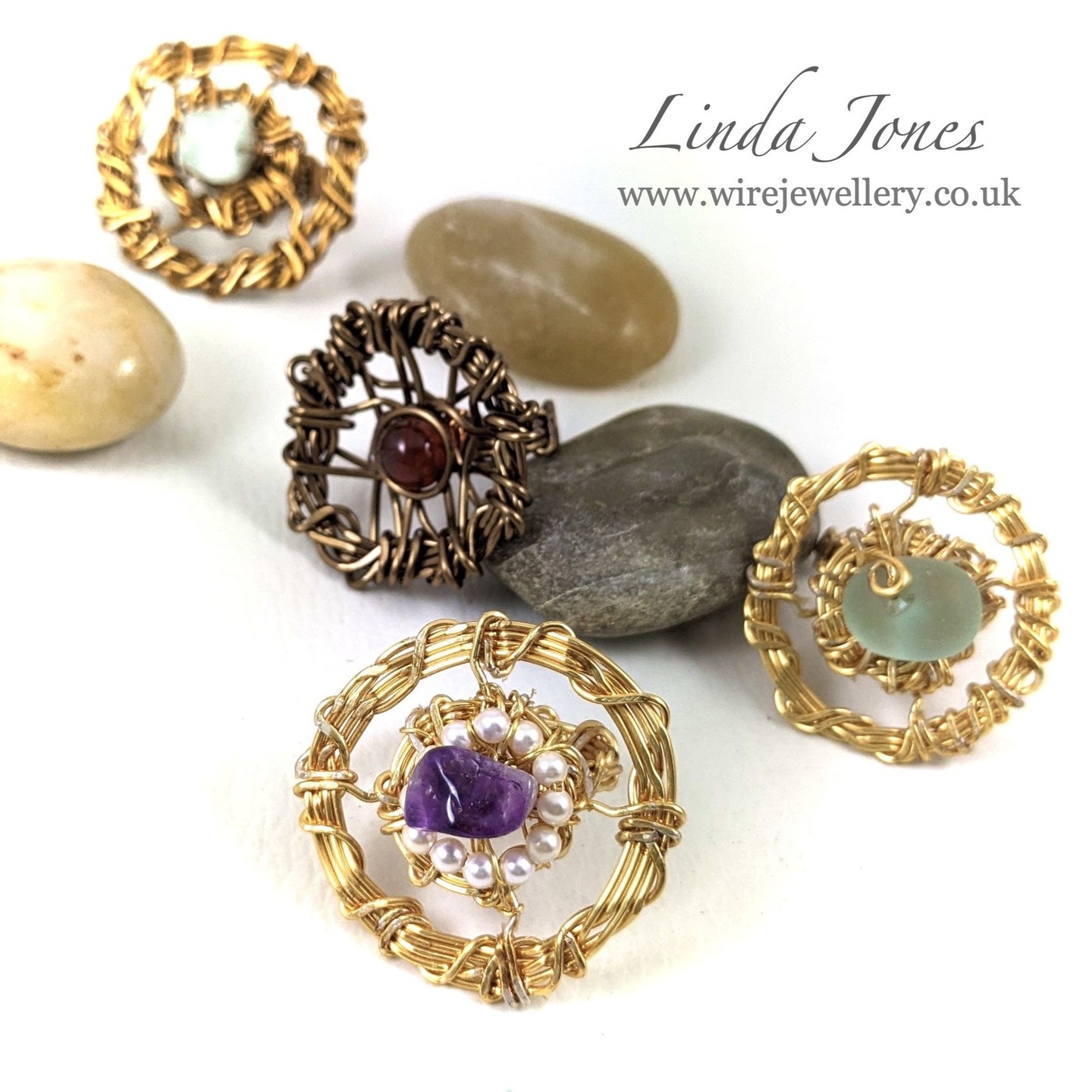 A selection of 'Halo' wirework Rings from my project book: 'How to Make Hammered Wire Jewellery' ❤️