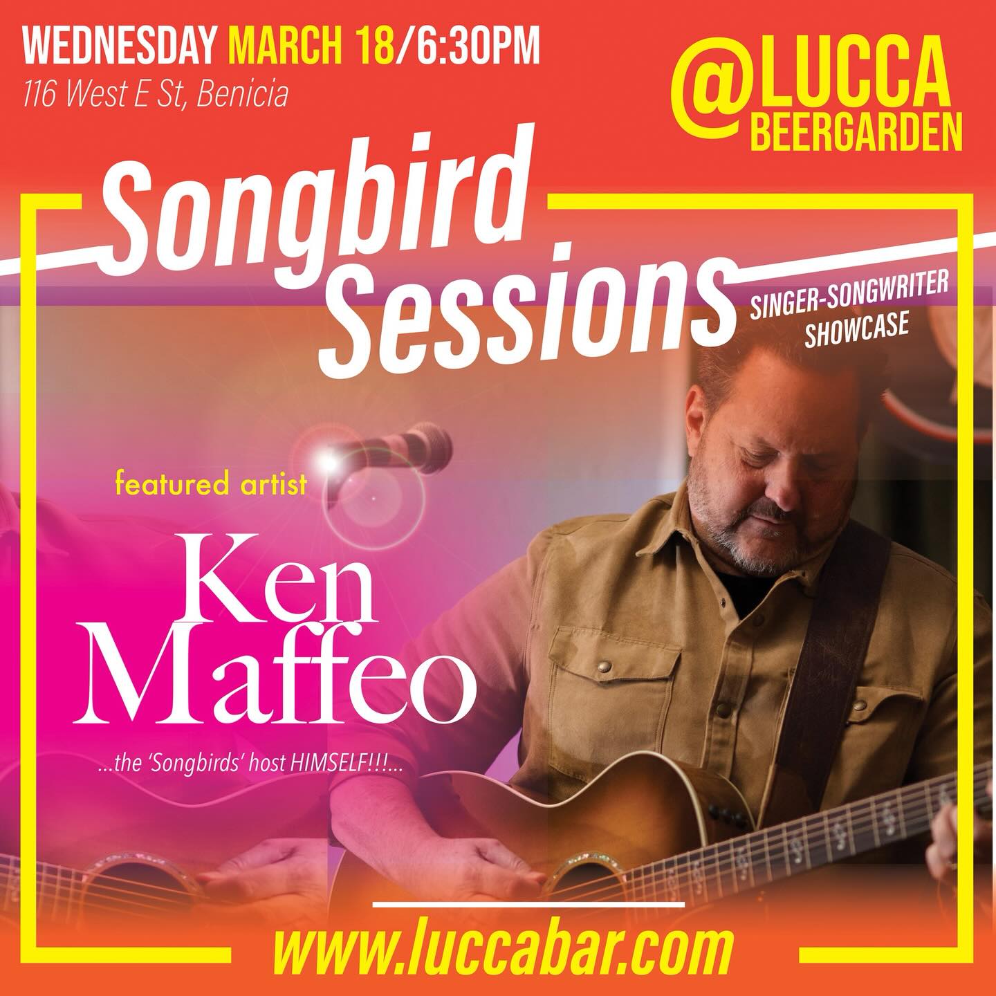 Come join us @luccabeergarden Songbird Sessions will be celebrating its first full year! I will be playing new unreleased songs from my upcoming album this year.