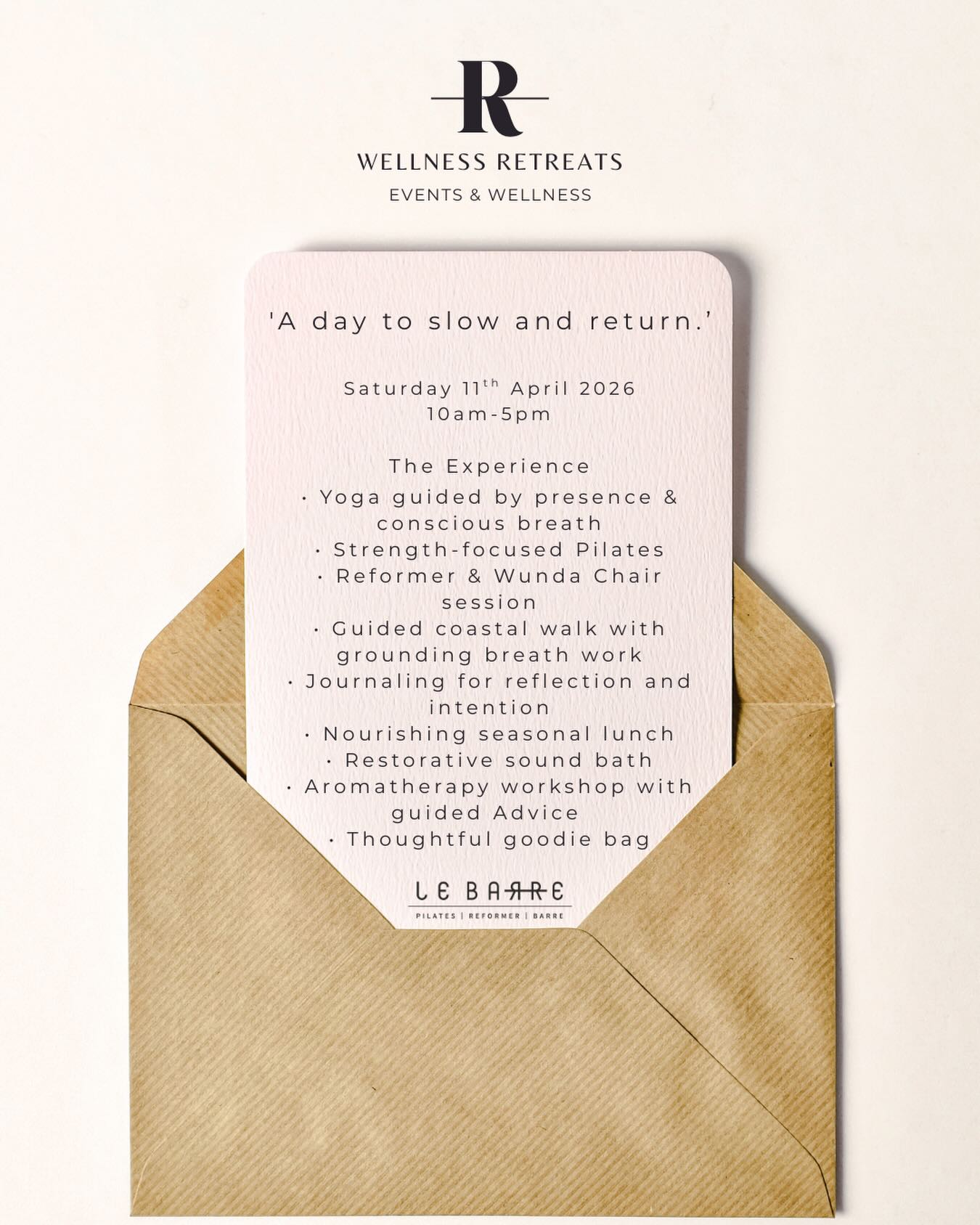 COASTAL WELLNESS RETREAT 🐚💭🌊
10-5 | Saturday 11th April 2026
West Mersea Studio
Join Debby for our first coastal retreat, a day carefully curated to calm, restore and revive.
You will be guided through a combination of movement, including Reformer, Wunda Chair and Yoga while also being grounded through breath work, a sound bath, journaling and an aromatherapy workshop.
‘A day to slow and return.’
128 Coast Road, West Mersea
Book via our website: www.lebarre.co.uk
Email us: info@lebarrecolchester.co.uk