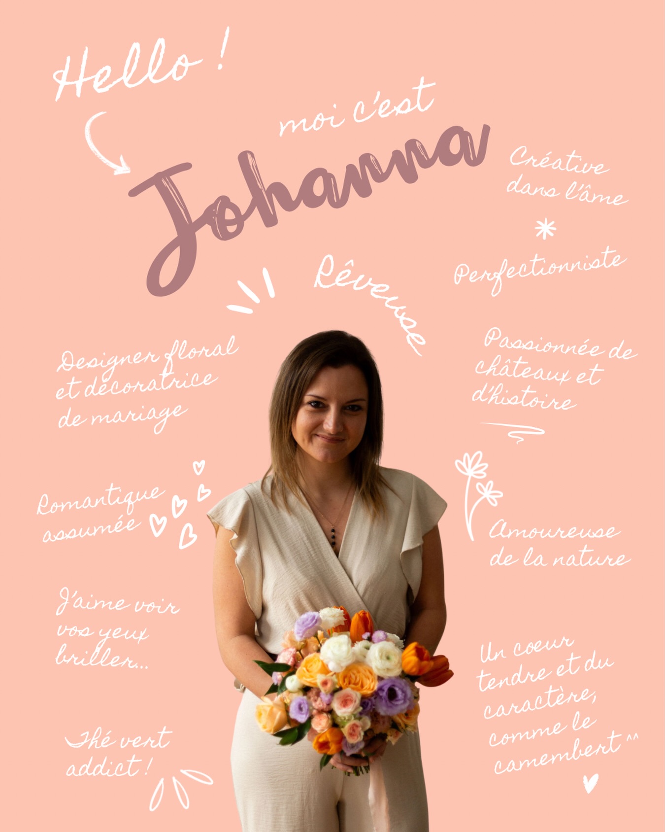 Hello 😁 et bienvenue ! 🌸
Je me présente pour les nouveaux venus, et peut-être aussi pour certains d’entre vous qui ne me connaissent pas encore bien ?
J’avais tellement de choses à dire que tout ne rentrait pas sur cette feuille 😂 alors pour compléter ma présentation :
• Johanna, 35 ans, balance ascendant bélier
• J’ai créé mon entreprise Cherry d’Amour en 2019. À l’origine j’étais également Wedding Planner ! Puis j’ai choisi de me recentrer sur ma mission et mon âme de créative 😌
• J’ai grandi en ville, près de Paris, et j’habite aujourd’hui à la campagne, dans un petit village du Val d’Oise 🌿 je ne reviendrais en arrière pour rien au monde 😄 nature = sérénité pour moi
• Je suis maman d’une petite fille ❤️ amoureuse et pacsée (à quand le mariage pour moi aussi ?! 😩)
• Je suis de nature curieuse, ouverte, aventurière, j’adore découvrir de nouvelles choses, voyager 🌎 faire des expériences qui sortent de l’ordinaire…
• Team chats !!! 🐱
• J’adore les mariages authentiques, qui ont du sens, où on se sent bien ! Pas de bling-bling, de trop parfait, trop figé, ou m’as-tu vu, non de l’amour, des émotions, de la couleur, de la douceur, du naturel ! De la vie, en fait ! Ça vit et ça vibre !
Alors, qu’est-ce que vous ne saviez pas sur moi ? Il y a des choses qui vous ont surprises ? Et surtout : est-ce qu’on a des choses en commun ??? 😃
—
Crédit photo :
Photographe : @marieantoinettephoto
Designer floral : @cherry_wedding_paris
#designerfloral #fleuristemariage #decoratricemariage #decoratricemariageparis #fleuristemariage95