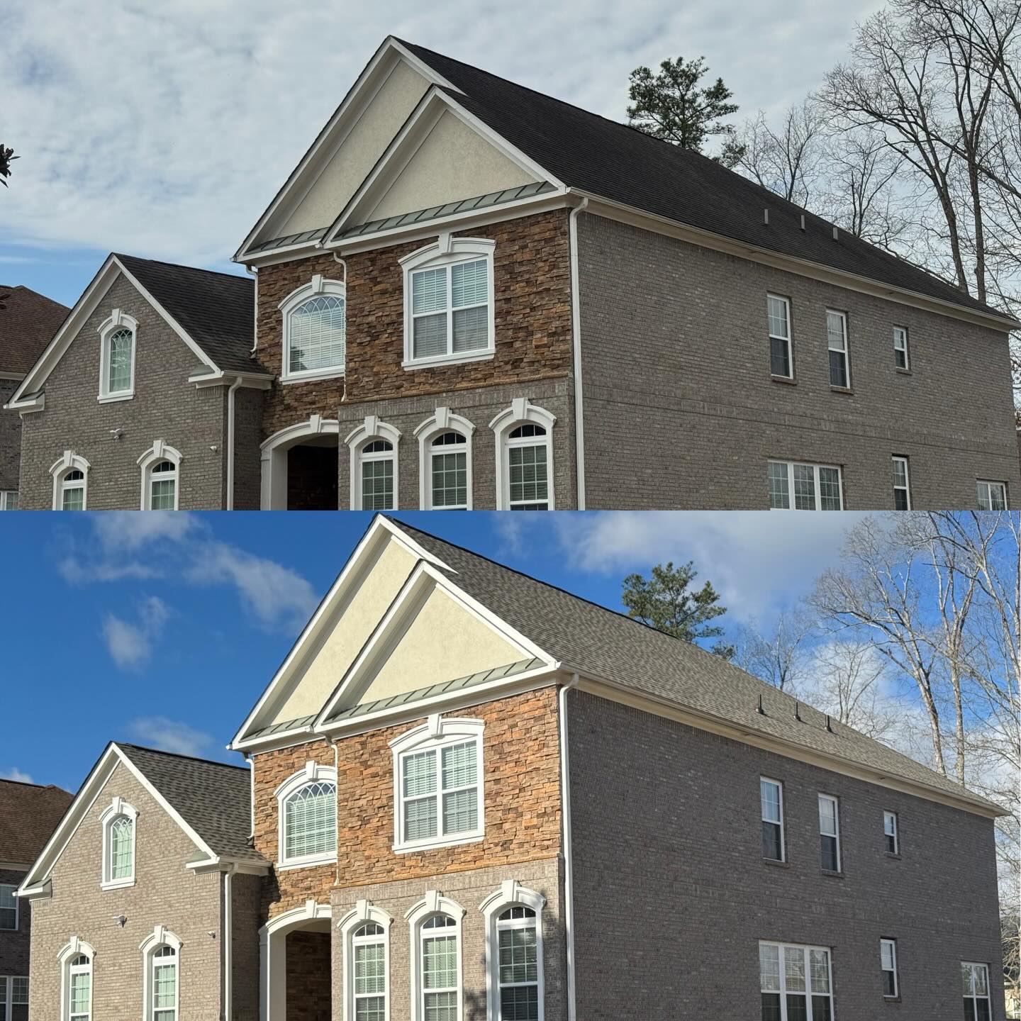 Before and after photos of a New GAF Timberline HDZ Weathered Wood Shingle…