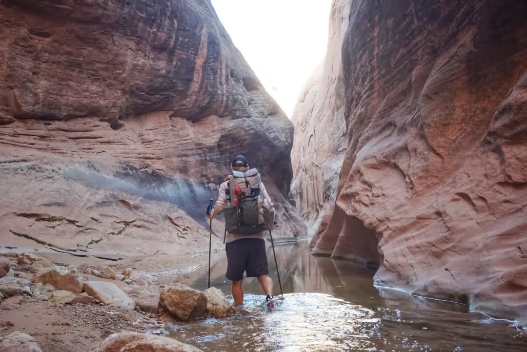 Hayduke Day 15 || Halls Creek - Halls Creek Narrows - Halls Creek
Today I left the official Hayduke again for a common alternate continuing down Halls Creek through a section that narrows into another tight twisty passage of canyon majesty. There was a guarantee of wet feet, with reports that swimming was sometimes necessary depending on how recent rains had left the pools. I got off lucky with only waist-deep wading. The beauty of the narrows did not disappoint.
After leaving the narrows I continued south down Halls Creek, often missing the best route and being forced to bushwhack through thick brush to find a way forward. I stopped for dinner by the creek and then began climbing up over the Waterpocket Fold (a massive shelf of wavy bare rock thrust up at an angle from the ground) along the cairned Baker Route, the next stage of the alternate. As the stars came out I made my camp on a flat patch of rock beside a cairn, with wide views back east to the Henry Mountains and even down to an arm of Lake Powell where the lights of anchored boats make it look like a tiny village. Should be quite a sunrise.
#thruhike
