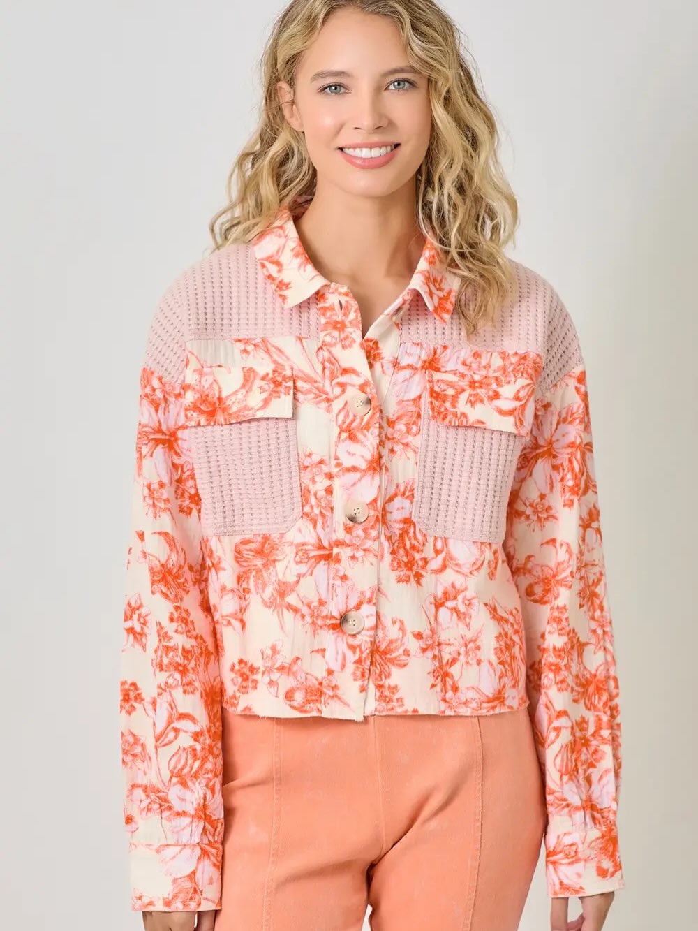 The mixed media button down jacket that says Spring is Here!!! 🌸 Style it with a coordinating colorful pant, or style it with classic denim.