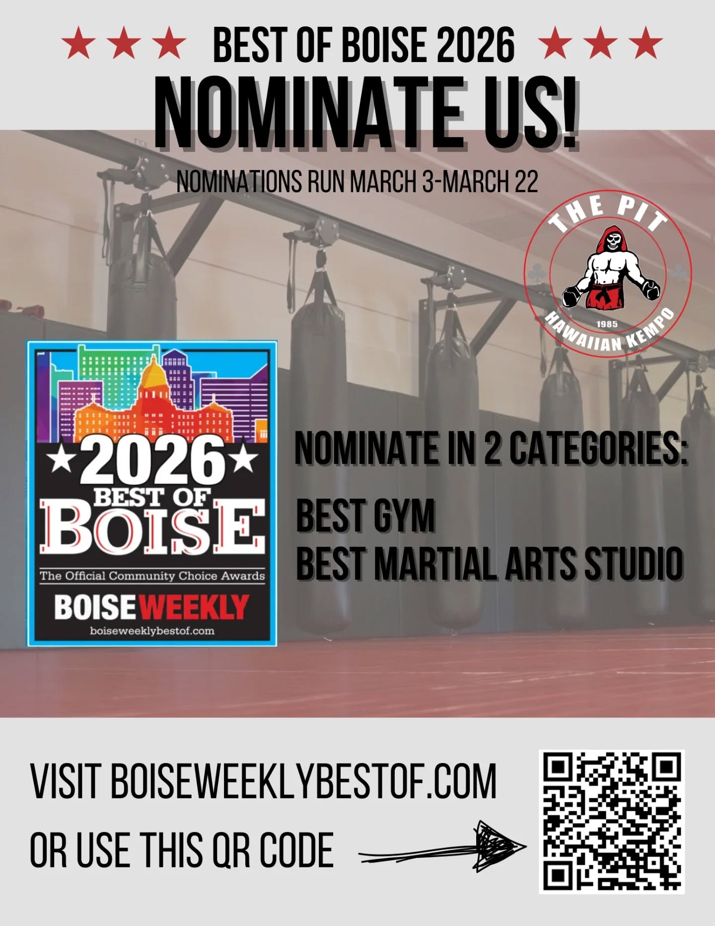 Please take a moment to nominate The PIT Idaho for Best of Boise 2026!!! We've been honored to been nominated every year since opening in 2017 āØļø visit BOISEWEEKLYBESTOF.COM and vote in both categories: Best Gym and Best Martial Arts Studio!!
Nominations are open through this SUNDAY 3/22! Once nominations are counted, the top 3 will be posted and open for final voting!
Thank you for your support and let's bring it home!!!!