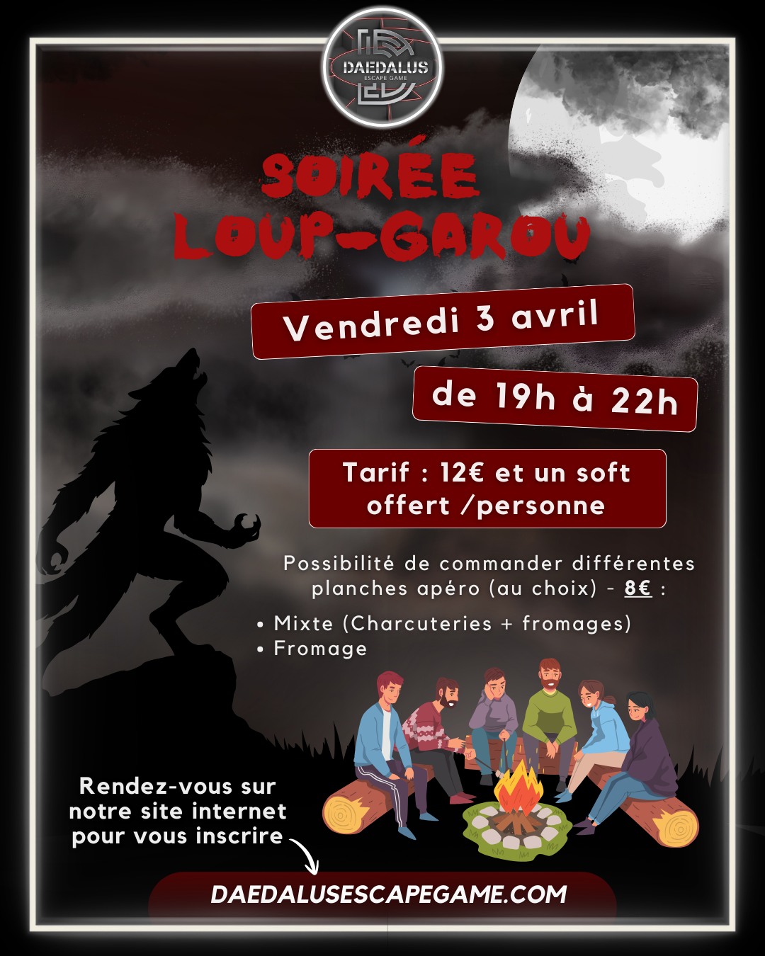 🐺🌙 𝗦𝗼𝗶𝗿𝗲́𝗲 𝗟𝗼𝘂𝗽-𝗚𝗮𝗿𝗼𝘂 🌙🐺
𝗟𝗮 𝘀𝗼𝗶𝗿𝗲́𝗲 𝗶𝗻𝗶𝘁𝗶𝗮𝗹𝗲𝗺𝗲𝗻𝘁 𝗽𝗿𝗲́𝘃𝘂𝗲 𝗹𝗲 𝟮𝟳 𝗺𝗮𝗿𝘀 𝗲𝘀𝘁 𝗿𝗲𝗽𝗼𝗿𝘁𝗲́𝗲 𝗮𝘂 𝘃𝗲𝗻𝗱𝗿𝗲𝗱𝗶 𝟯 𝗮𝘃𝗿𝗶𝗹 ⵑ
Rendez-vous 𝗱𝗲 𝟭𝟵𝗵 𝗮̀ 𝟮𝟮𝗵 pour une soirée pleine de bluff, de stratégie et de fous rire autour du célèbre jeu 𝗟𝗼𝘂𝗽-𝗚𝗮𝗿𝗼𝘂.
Tarif : 𝟭𝟮€ /𝗽𝗲𝗿𝘀𝗼𝗻𝗻𝗲 + 𝟭 𝘀𝗼𝗳𝘁 𝗼𝗳𝗳𝗲𝗿𝘁 🥤
🥖 Possibilité de 𝗰𝗼𝗺𝗺𝗮𝗻𝗱𝗲𝗿 𝗱𝗲𝘀 𝗽𝗹𝗮𝗻𝗰𝗵𝗲𝘀 𝗮𝗽𝗲́𝗿𝗶𝘁𝗶𝘃𝗲𝘀 pour accompagner la soirée.
On vous attend nombreux pour tenter de démasquer les loups.. ou devenir le plus redoutable d'entre eux 👀
𝗥𝗲𝗻𝗱𝗲𝘇-𝘃𝗼𝘂𝘀 𝘀𝘂𝗿 𝗻𝗼𝘁𝗿𝗲 𝘀𝗶𝘁𝗲 𝗶𝗻𝘁𝗲𝗿𝗻𝗲𝘁 𝗽𝗼𝘂𝗿 𝘃𝗼𝘂𝘀 𝗶𝗻𝘀𝗰𝗿𝗶𝗿𝗲 ⵑ (lien en bio)
__________________
🌐 https://f.mtr.cool/popuuxnfdb
📱 0633447032
☎️ 0984483171
#escape #escapegame #escaperoom #parcours #loisirs #jeu #jeux #blois #loiretcher #famille #amis #ami #barajeux #loire #jeudesociete #valdeloire #chateaudelaloire #loireavelo #bloismaville #valducher #sologne #vendome #sortiren41 #bloischambord #bloiscity #maisondelamagie #visiteblois #bloistourisme #soirée