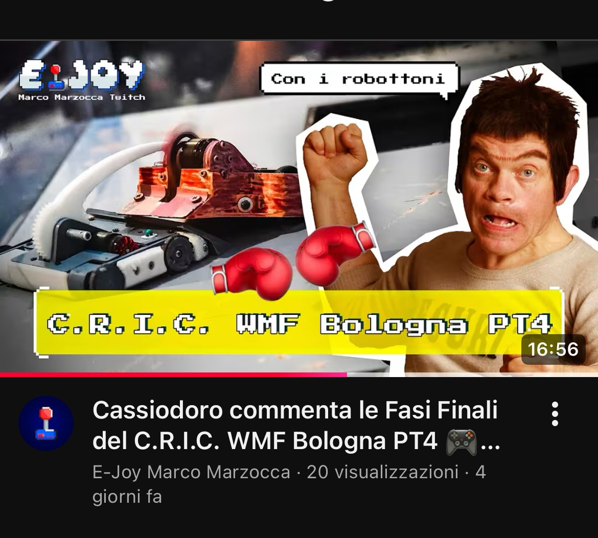 Ormai è più di un mese che il mitico @marcomarzocca si diverte a commentare gli incontri dei tornei nazionali passati, a cominciare dal CRIC (Combat Robots Italian Competition) di Bologna 2025!
Episodio dopo episodio aumenta l’affinità tra Cassiodoro e i robot antweight nell’arena. Potete seguire lo spettacolo live sul canale Twitch o in differita su Youtube, sempre dentro il format E-Joy!
Domenica prossima c’è la terza tappa del Campionato Tattico al @ggebeer di Roma… venite a vedere dal vivo!
#combatrobots #antweight #battlebots #robocombattimento #italy