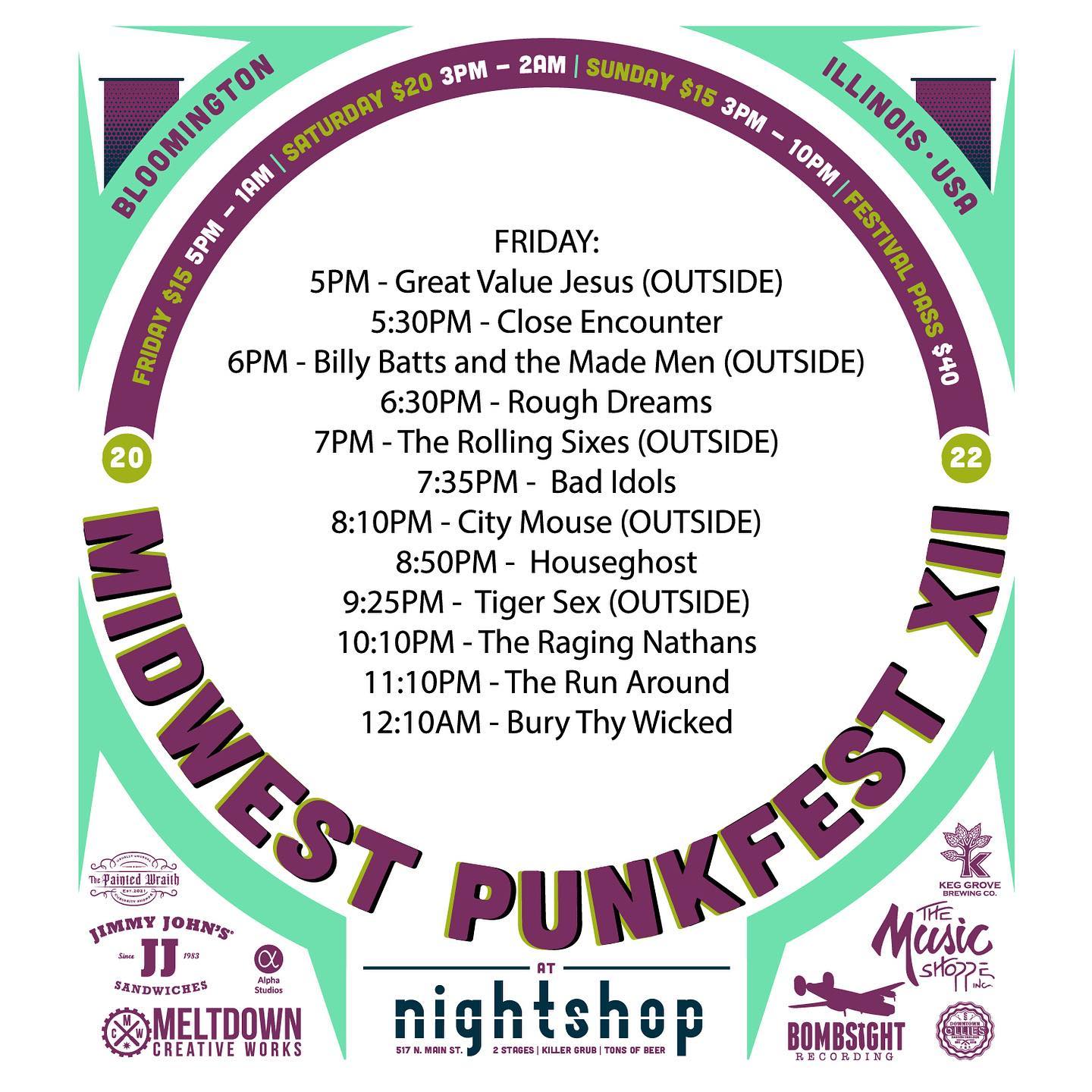 Ok friends we got some good news and bad news. Good news is it is MWPF12 week and here are the final set times for all three days! Bad news is, due a case of COVID our friends in PARK are going to have to cancel this years performance. Don’t worry though as we plan on bringing them to NIGHTSHOP later this year. Please make sure you take some time and check out all our amazing 2022 sponsors as we could not make this happen without their support!! Get them tickets yall only a few short days left til we party!! #punkrock #punk #midwest #punkfest #party #illinois #downtownbloomington