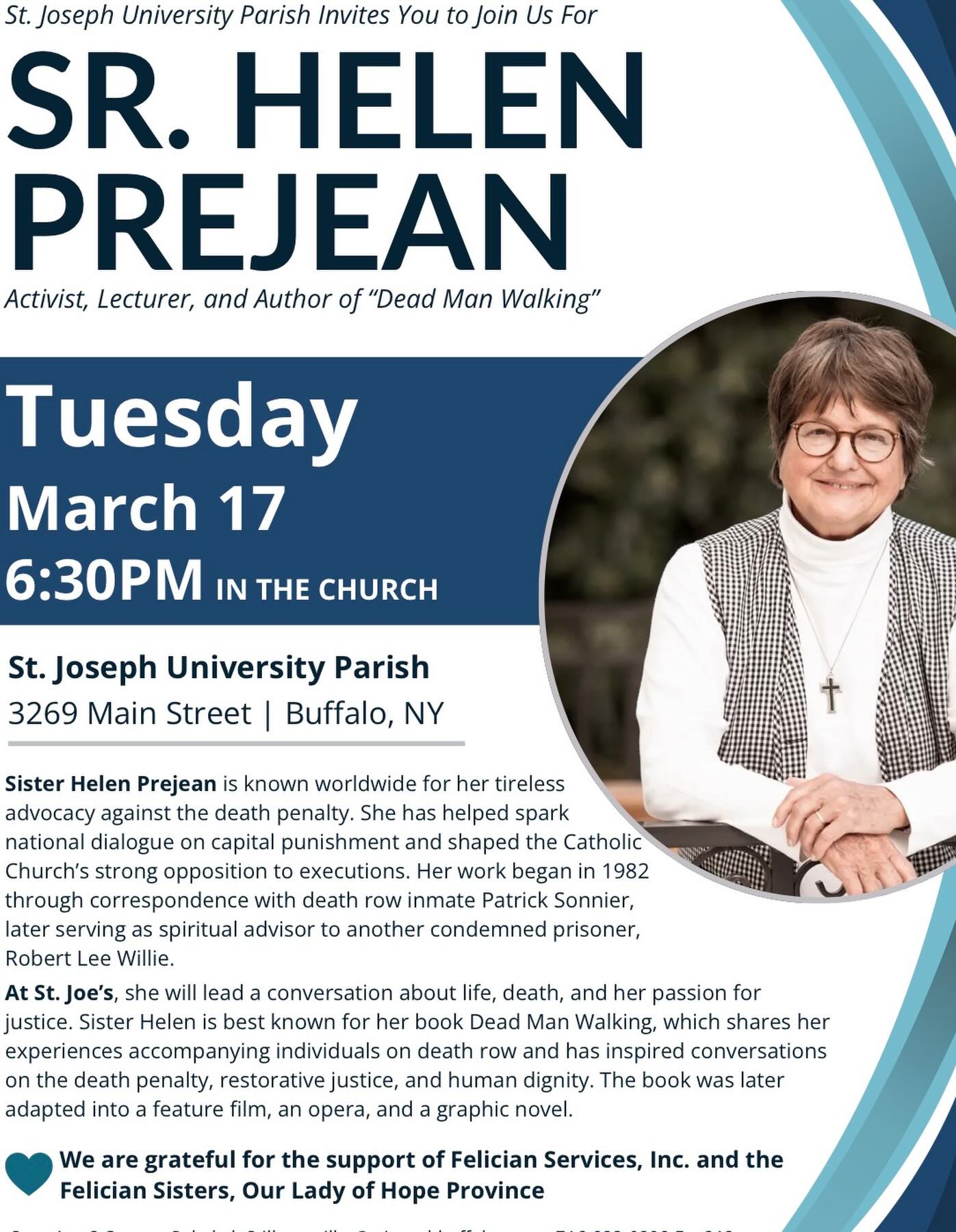 Tonight at 6:30 pm @helenprejean comes to St. Joe’s! Come hear about the amazing work she does with death row inmates and hear her story 🩵