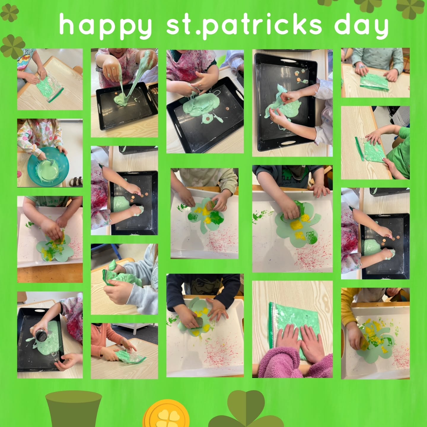 We had a great time celebrating St. Patrick's Day today but sensory style !
We made slime, mix the ingredients together, and got observe what happens and then go to play with it !
Some classes did some finger painting, a rainbow experiment and a shaving cream experiment with green dye.
Why is sensory play important?
> it stimulates multiple senses ( sight,touch,sound,smell, taste, balance)
> sensory processing - it helps with children with sensory sensitivities become more comfortable with different textures and sensations in a safe way
> emotional regulation- sensory play has a calming effect that helps children manage anxiety, reduce frustration and self- soothe