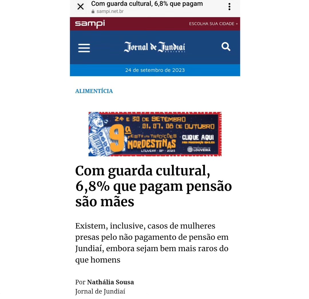 Olá queridos!
Gostaria de compartilhar com vocês um artigo publicado na data de ontem, no Jornal de Jundiaí, com minha participação.
Uma breve reflexão sobre a grande diferença que há entre o número de mães e pais que pagam pensão alimentícia.