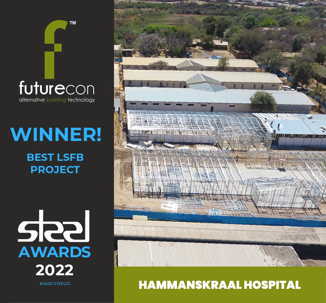 It was a big win for Futurecon at the SAISC Steel Awards!
Hammanskraal Hospital, one of our flagship buildings in the 2022 Awards, won the award for BEST LSFB PROJECT!
Furthermore, 108 Albert Road Woodstock received a special commendation.
We are proud and honored for the award and commendation! Special thanks to our amazing team for all the hard work over the past few years! This award means so much to us and we could not have done it without our Futurecon team! Onwards & upwards!