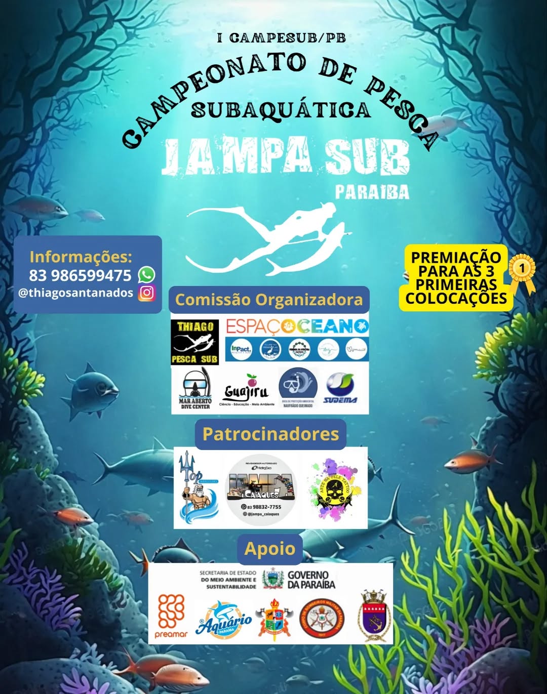 🌊 Onde o silêncio do mar encontra a coragem do homem.
Nas águas cristalinas de João Pessoa – PB, o mar guarda desafios que apenas os mais preparados conseguem enfrentar. Entre a calmaria da superfície e o mistério das profundezas, nasce um campeonato que une técnica, resistência e respeito pela natureza.
No dia 21 de março de 2026, mergulhadores e apaixonados pela pesca submarina se encontram para provar que não é apenas sobre capturar peixes — é sobre estratégia, respiração, foco e conexão com o oceano.
Cada mergulho conta uma história.
Cada disparo exige precisão.
Cada competidor carrega consigo a adrenalina de superar limites.
O Campeonato de Pesca Submarina chega para reunir atletas, amigos e amantes do mar em um dia de disputa, união e celebração da cultura da pesca esportiva.
🏆 Premiação para os 3 primeiros colocados
💰 Inscrição: R$ 100,00
Prepare seu equipamento.
Controle sua respiração.
E mergulhe no desafio.
🌊 O mar espera os melhores.
Para mais informações falar com Thiago @thiagosantanados