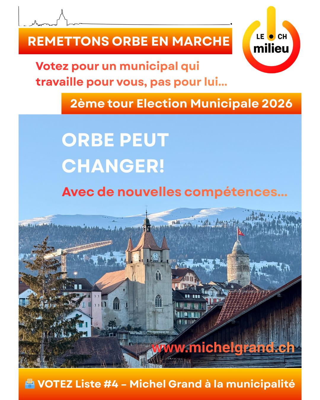 Le changement...
Beaucoup de gens me disent :
« À Orbe, rien ne change vraiment. »
Le changement ne vient pas des mêmes méthodes.
Il vient de nouvelles compétences et d’un regard différent.
C’est ce que je propose.
🗳️ VOTEZ Liste #4 – Michel Grand à la Municipalité le 29 mars 2026!
#MichelGrand #Liste4 #Orbe #ChangerOrbe #municipalité #Leadership #Orbe2026 #Citoyens #Vision #action