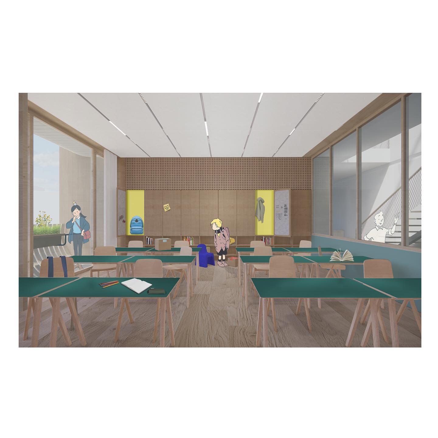 Project 2
BACK TO SCHOOL
Classroom Interior
generously large windows brighten up the classrooms. The rooms are framed by wall shelves. These wall shelves are extending to the exterior and the multifunctional key element of the school architecture.
They full-fill 8 functions:
1-storage
2-wardrobe
3-blackboard
4-ventilation
5-substructure for
6-garden balconies
7-shading
8-rainwater drainage
Illustration by @onr_dgrmnci
#architectural #architecturedaily #architectureschool #architecturegram #conceptdesign #newarchitecture #illustration #illustragram #thebestnewarchitects #instaarch #architecturaldesign #architectureillustrations #arq #architecturestudent #archilovers #archiprix #cartoonist #cartoony #architecturemasters #architektur #illustrationartists #illustrationart #arquitetura #arquitectura #renderlovers #collageartwork #architectureporn #interiordesign #studentdesign #archisource