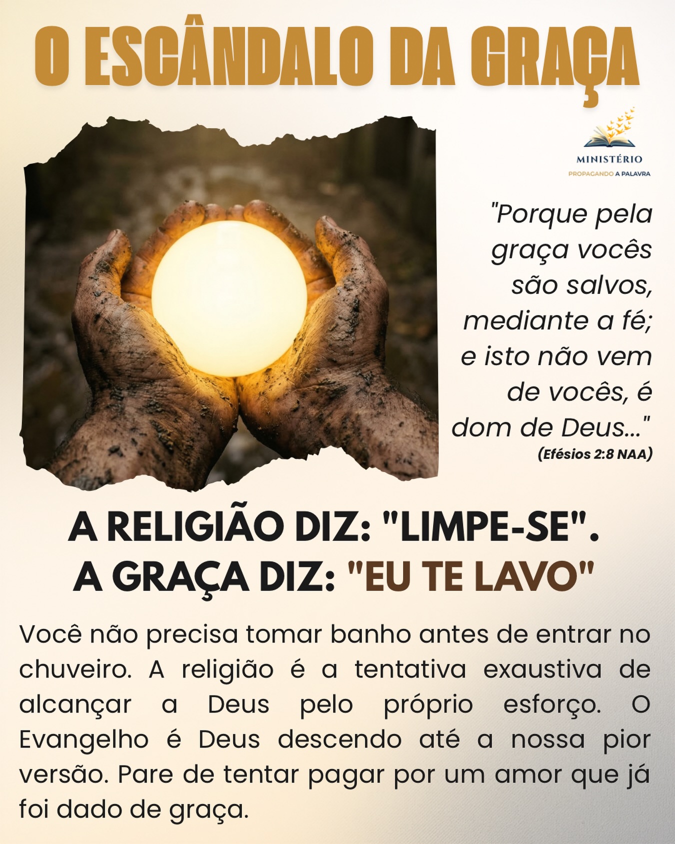 A religião diz: “Limpe-se”. A graça diz: “Eu te lavo”. ✨🤲
Meu irmão, existe um cansaço silencioso que esmaga os bancos das nossas igrejas. É a exaustão de pessoas que amam a Jesus, mas vivem correndo em uma esteira espiritual, tentando desesperadamente ser “boas o suficiente” para Deus.
Nós fomos condicionados a acreditar que precisamos nos limpar antes de chegar ao Pai. Achamos que as nossas falhas nos desqualificam e que o nosso bom comportamento nos aproxima do céu. Essa mentalidade de tentar “pagar” pelo amor divino é um fardo insuportável chamado religião.
A religião é a tentativa humana de construir uma escada de méritos para alcançar a Deus. Mas o Evangelho é o escândalo de Deus descendo até nós, na nossa pior versão. O Senhor não encontrou pessoas justas para premiar; Ele encontrou pecadores para ressuscitar.
Ninguém toma banho antes de entrar no chuveiro. O presente da salvação só pode ser entregue a mãos que estão completamente vazias e reconhecem a própria sujeira. Pare de tentar comprar aquilo que já foi pago com sangue no calvário.
Essa mensagem falou com você? 🌍 Comente abaixo e compartilhe com alguém que precisa saber que não está sozinho. Aprofunde sua jornada de fé com meus livros. Clique aqui: https://www.propagandoapalavra.com.br/livros
#RedescobrindoAGraca #GracaDeDeus #EvangelhoPuro #AmorIncondicional #PastorFlavioMacieira