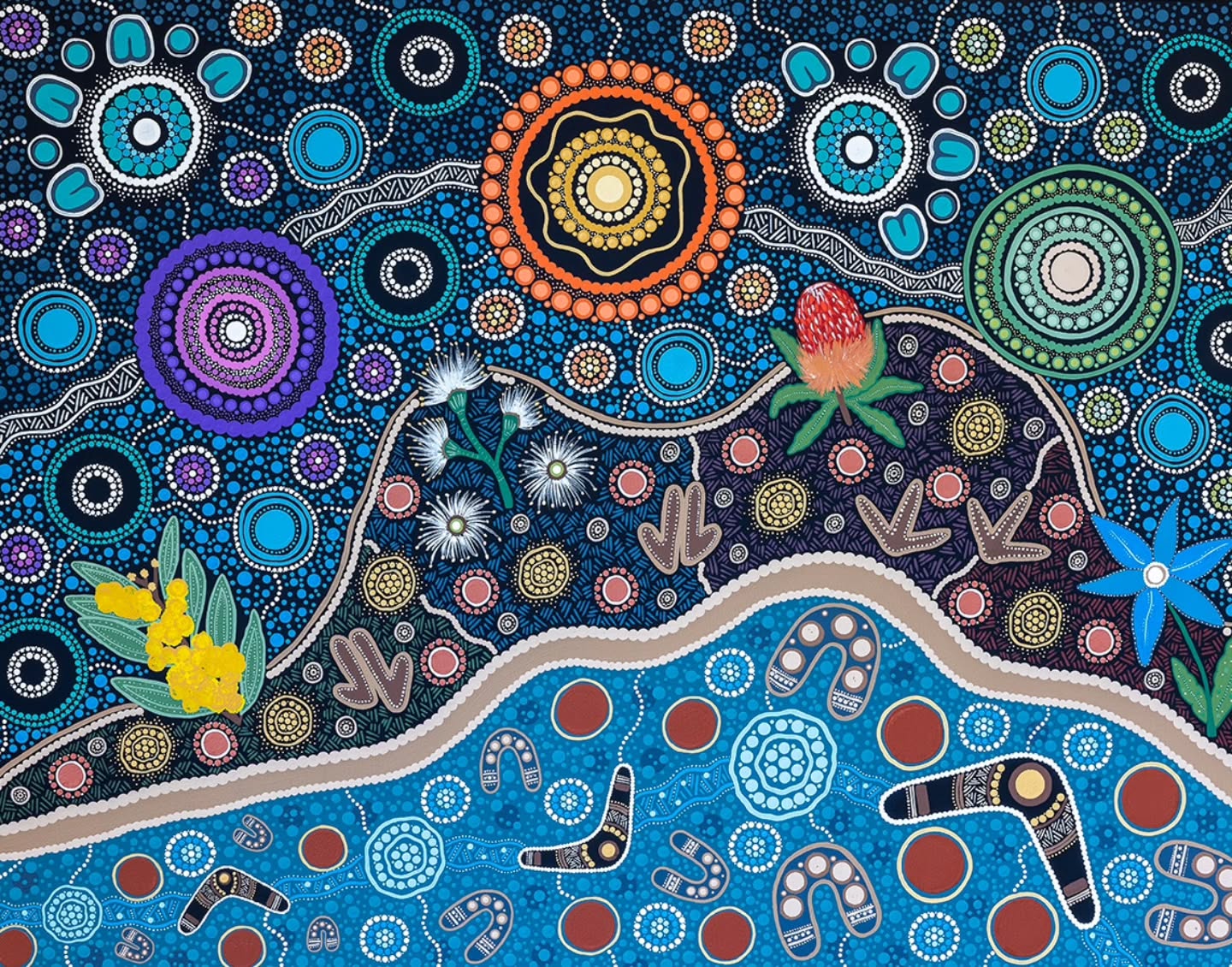 Beneath the Blue 💙
This artwork tells Xodus Groups story of connection — to water, land and culture.
The deep blues reflect the sea and river, grounding the piece in Country, while the flowing form of the Wagyl (Rainbow Serpent) represents life and creation in Noongar culture. Native florals symbolise bush medicine and the strength of cultural knowledge 🌿
The warmth of the sun represents energy, life and our connection to boodja (land).
A story of integrity, collaboration and care — sharing knowledge, nurturing growth, and walking together towards a strong and connected future 🖤💛❤️
#artwork #canvasart #artcommission #customart #AboriginalArt