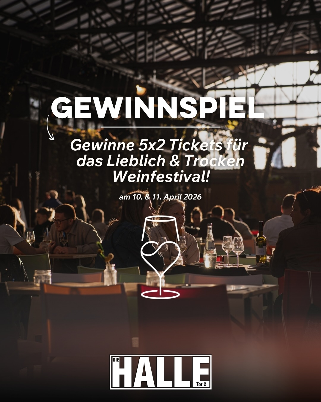 Du hast noch kein Ticket für das Lieblich & Trocken Weinfestival?✨🍇🍷
Dann ist das deine Chance 2x Tickets zu gewinnen🥹
Was du dafür tun musst:
1. @lieblichundtrockenfestival & @diehalletor_2 Follower sein☑️
2. den Smiley „🍷“ kommentieren
3. deinen Lieblings Wein-Buddy markieren 🥰
Wir präsentieren euch eine vielfältige Auswahl an Weinen von unterschiedlichen Winzern - begleitet von Foodständen, Live-Künstler*innen, Salsa-Tanzkursen, kostenlosen DIY-Workshops und Dj‘s, die erst für entspannte Lounge-Atmosphäre sorgen und euch später mit in die Afterparty nehmen.🪩🍷💃🏼
Beim @lieblichundtrockenfestival ist für jede*n etwas dabei: ob entspannt ein Glas Wein im Biergarten genießen oder beim Salsa-Kurs selbst das Tanzbein schwingen🥰
Viel Glück🤞🏼