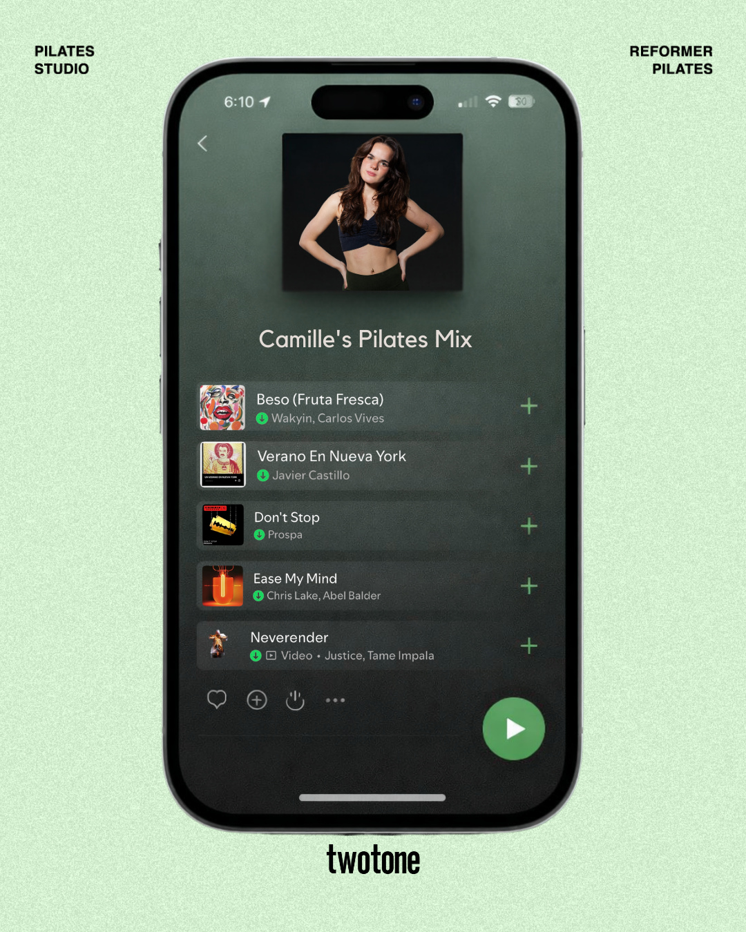 Pilates hits, Camille edition 🎧
These are the songs you hear when the burn starts… and you keep going anyway. Recognize them from Camille's class? 😉
#twotonepilates #twotone #instructorplaylist #pilatesmusic