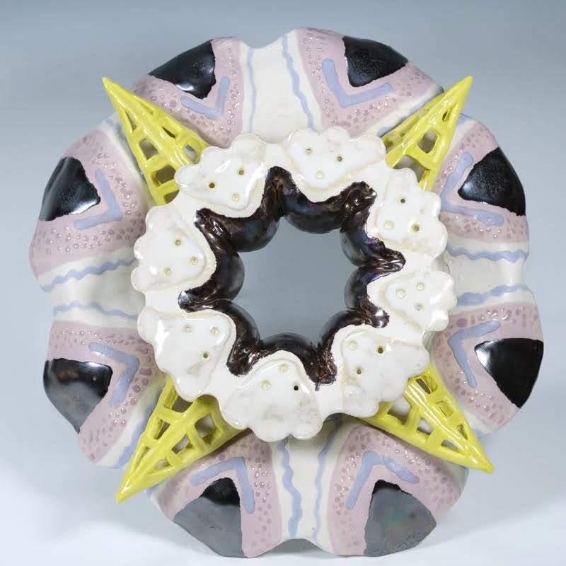 Flower Receptor, porcelain, 2024
This piece was a happy accident from a flop on the wheel while practicing throwing double walled donut shapes on the wheel.
The organic shape of flowers and structures of utility towers had been on my mind while making this mistake into art.
It's currently on display in the #NewNow2024 annual juried show of the best of the best art in Northeast Ohio. Honored to be included, feeling accepted in my new art community.
See in progress images and video of successful donuts 🍩
#artistarchives #happyaccidents #porcelain #flowerreceptor #featsofunlearning #ceramicart #installshot