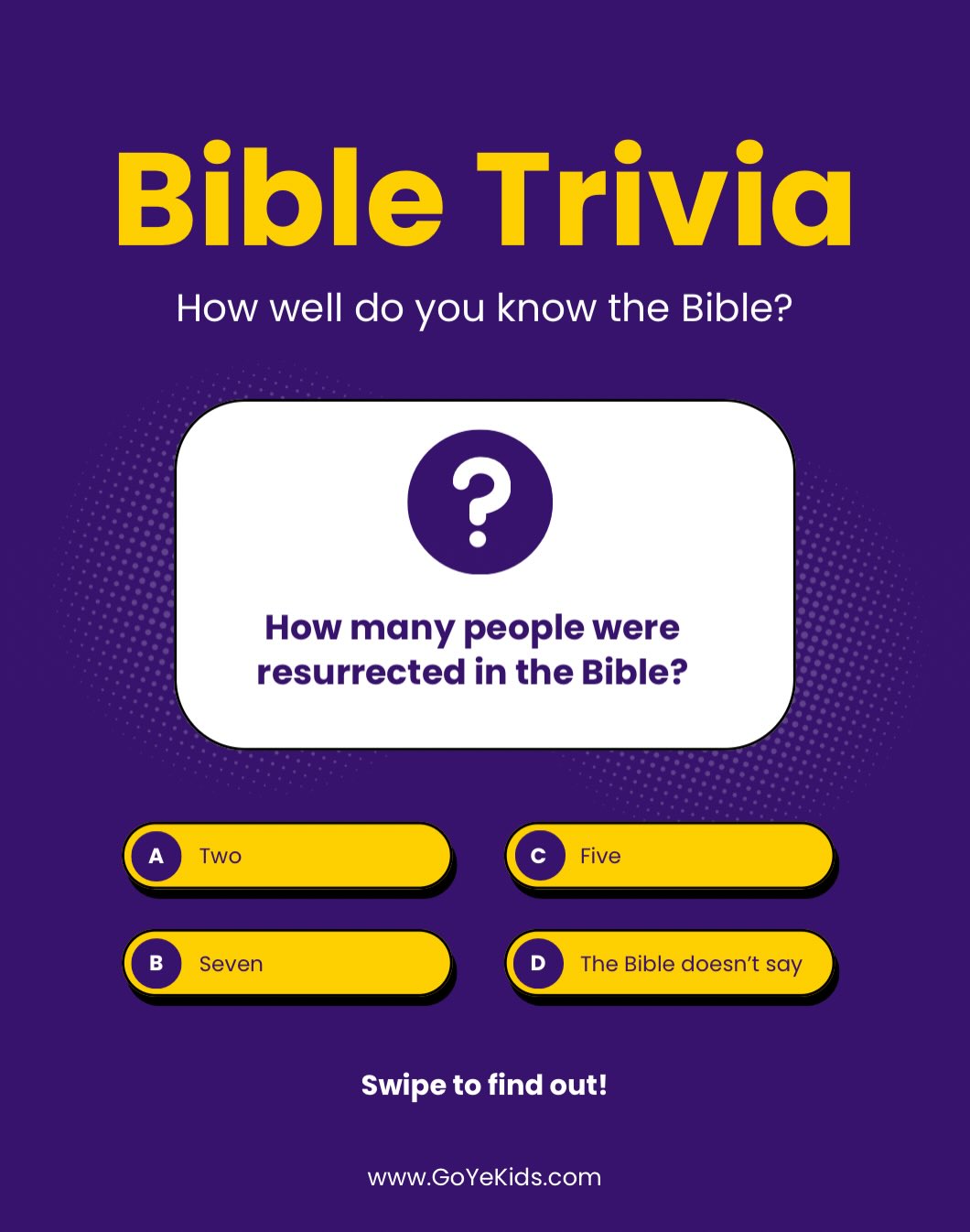 Bible Trivia: How many people were resurrected in the Bible?
👉 Did you know that Bible trivia games are great for reviewing lessons with your students, but also great for helping yourself grow as a children’s ministry leader?
Every once in a while, look up some Bible trivia questions and see how you do, then take some time to research the answers. Doing this will help you learn A LOT of scripture!
Are you ready for the answer?
The Bible doesn’t actually say how many people resurrected! There are quite a few stories of people raising to life, and in one instance, at Jesus’ crucifixion, an unnumbered amount of people were resurrected!
Our challenge for you this week: save this post, and as you have time, look up each of the Bible passages listed to become familiar with these accounts!
Happy studying! 📖