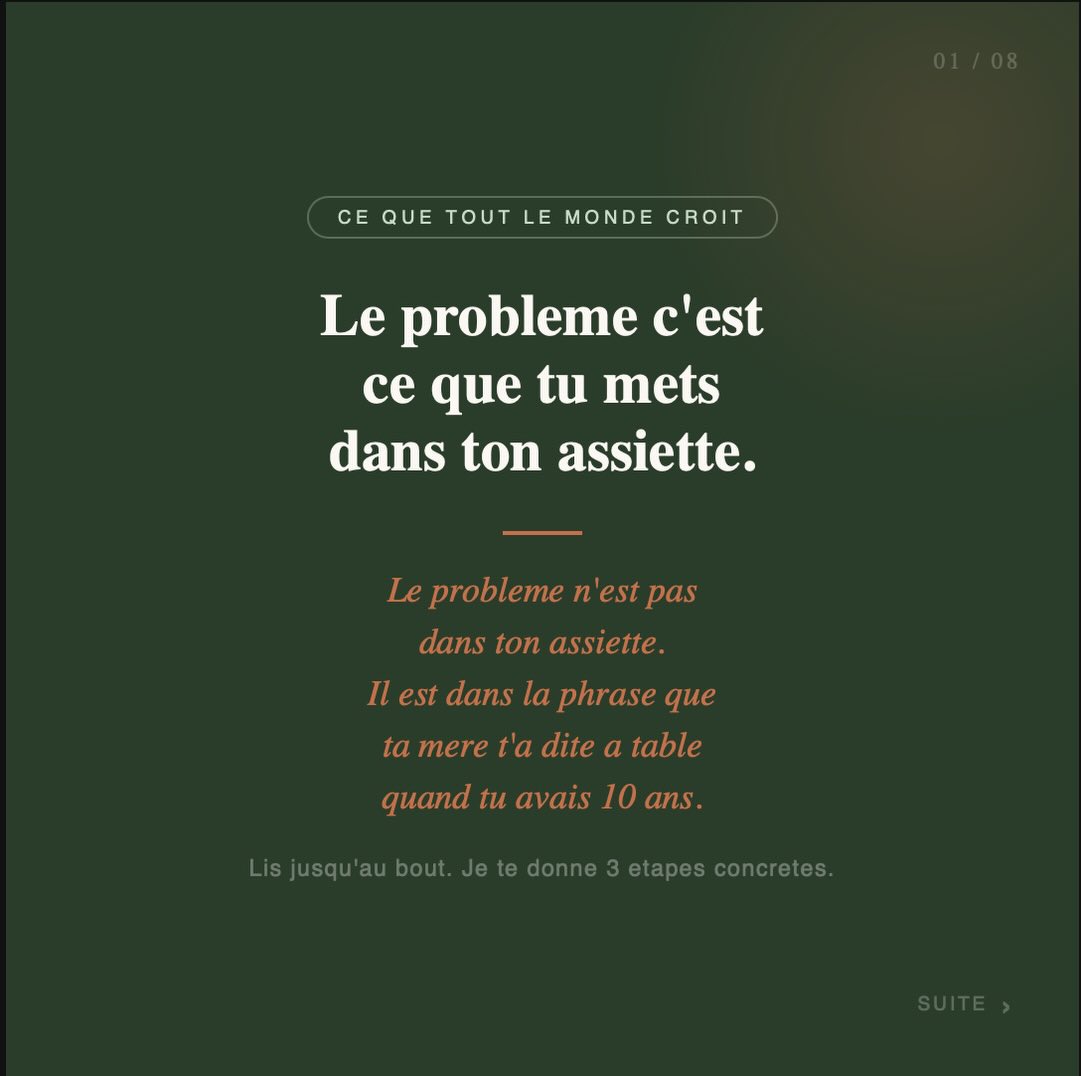 Tu penses que tu craques parce que tu manques de volonté.
Ce n’est pas ça.
Un craquage c’est une alarme. Ton cerveau detecte une menace, il envoie un signal d’urgence, et la nourriture coupe ce signal en 30 secondes.
Le vrai probleme, c’est qu’il a appris le mauvais outil.
Dans ce carrousel je te donne les 3 etapes concretes pour sortir du cycle. Pas de la motivation, pas du positif, de la biologie.
Sauvegarde ce post, tu en auras besoin.
Et si tu veux aller a la racine de ce qui se rejoue depuis des annees, le lien en bio t’offre 5 jours gratuits pour commencer.
👇 Dis-moi en commentaire : tu craques plutot le soir, le week-end ou les deux ?
#nutritionintuitive #craquage #liberté alimentaire #sophranalyse #hypnose encorps bienêtreféminin régimeyoyo mangersainement psychologiealimentaire