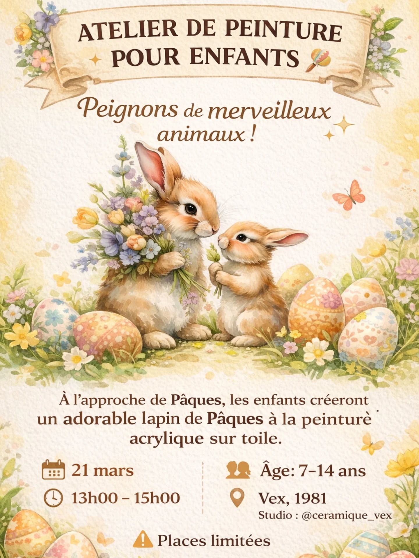 ✨ Votre enfant mérite plus qu’un écran de téléphone!
Offrez-lui 2 heures de créativité réelle, où il pourra créer, imaginer et développer sa confiance en lui 🎨🐾
Le 21 mars, j’organise un atelier de peinture acrylique sur toile pour enfants.
Nous allons peindre des animaux joyeux — de manière colorée, libre et avec plaisir.
👧🧒 Âge : 7–14 ans
Cet atelier permet de développer :
✔ l’imagination
✔ la concentration
✔ l’autonomie
✔ la motricité fine
✔ la confiance en soi
L’enfant créera son propre tableau à partir de zéro et repartira avec un sentiment de fierté.
🗓 21 mars
🕒 13h00 – 15h00
✨ Tout le matériel est inclus
✨ Adapté à tous les niveaux
✨ Petit groupe et accompagnement attentif
📍 Vex, 1981
Studio : @ceramique_vex
🔹 Possibilité de participer à un atelier unique
🔹 Ou de suivre une série d’ateliers (1 fois par semaine) pour un développement créatif régulier
Les places sont limitées.
📩 Inscriptions en message direct : @brend.mira
Offrez à votre enfant bien plus qu’un simple cours —
offrez-lui une expérience créative qui inspire et développe ✨🎨🐾
Langue de la classe de maître : français, anglais, italien, russe, ukrainien