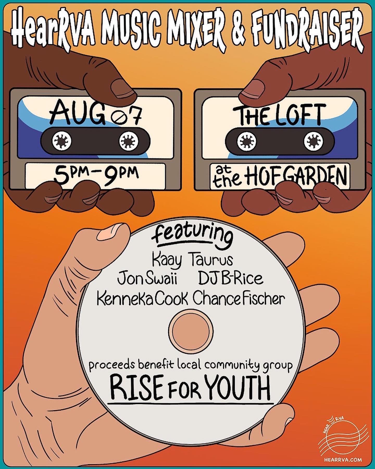 Happy 804 Day 😁
Today ONLY! Tickets to the @hearrva music mixer & fundraiser are $15!!!
Raffle prizes, live-music, Photo Booth, Vendors and more!!!
Enjoy an evening in The Loft at The Hof Garden with @HearRVA surrounded by the Richmond music community. Come meet vendors who specialize in services that help to grow a musician's career AND see a concert jam packed with some of the 804's best talent. To put a cherry on top of this amazing event, ticket and raffle proceeds will benefit local community group Rise For Youth. @rise4youth
Come ready to mingle, support locally and listen to some music! So get your tickets from www.HearRVA.com/event
Music by: DJ B-Rice, Jon Swaii, Kaay Taurus, Kenneka Cook and Chance Fischer
When: Sunday, August 7, 2022
Where: The Loft (The Hof Garden) 2818 W Broad St, Richmond, VA 23230
Time: 5-9PM
Tickets: Regular $20, Day of $25 (1 raffle ticket given with each purchase)
Artist social media: @djb_rice @jonswaii @Kaaytaurus @Kenneco and @mrchancefischer
Poster art by: @nattyjgorby