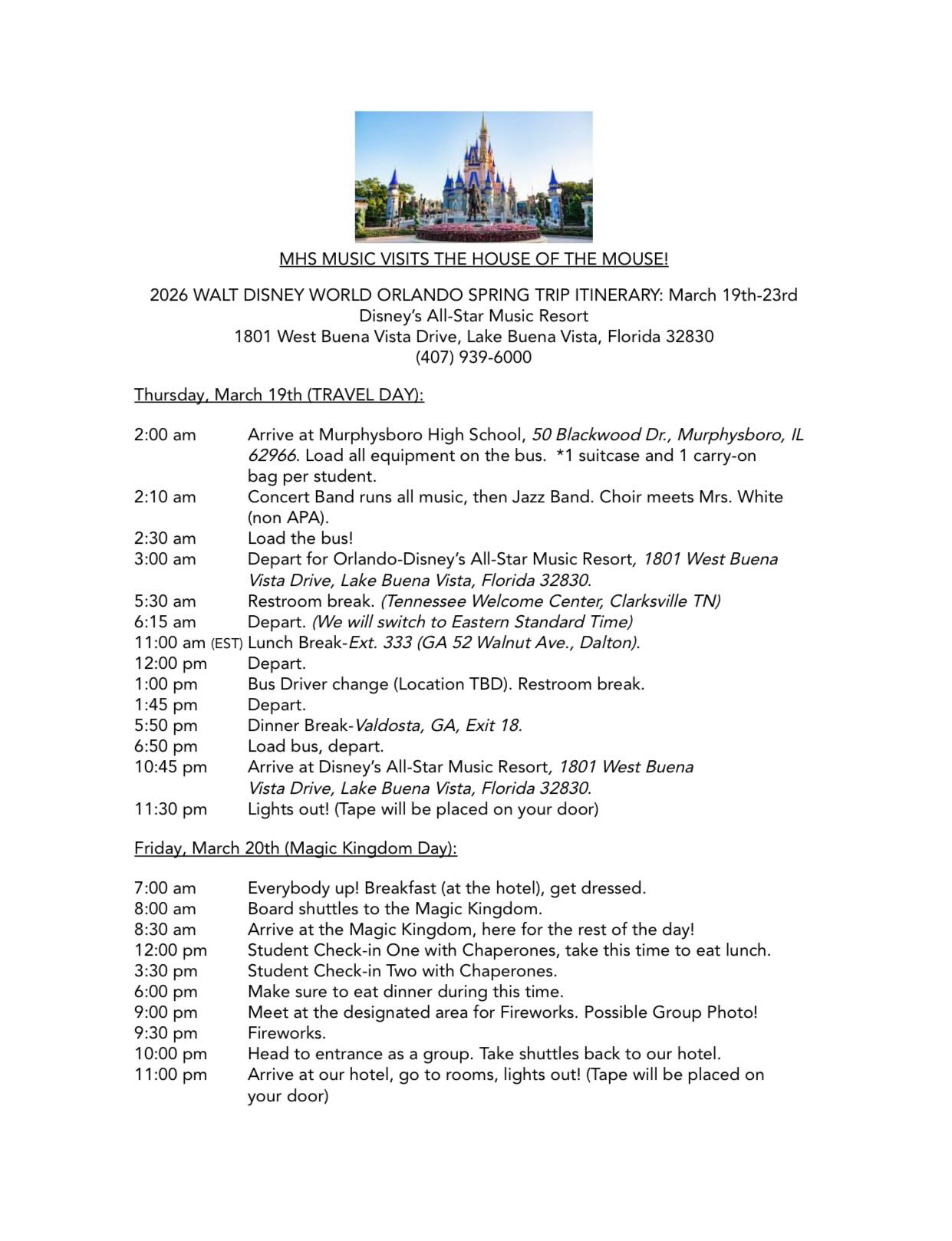 Please check your inboxes and the BAND app for our final details on our Disney trip, which begins tomorrow! I have attached our itinerary one more time. We will see everyone bright and early tomorrow morning! Mr. W